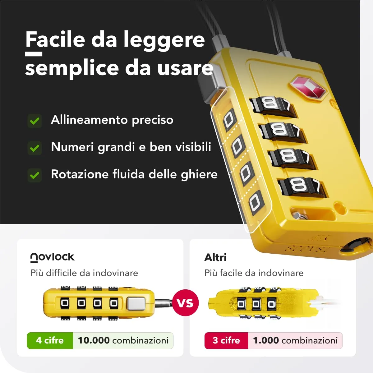 Lucchetti TSA con combinazione a 4 cifre – Per valigia, zaino, borsa da viaggio e bagaglio a mano – Ideali per viaggi in aereo – Confezione da 2 (gialli) - immagine 7