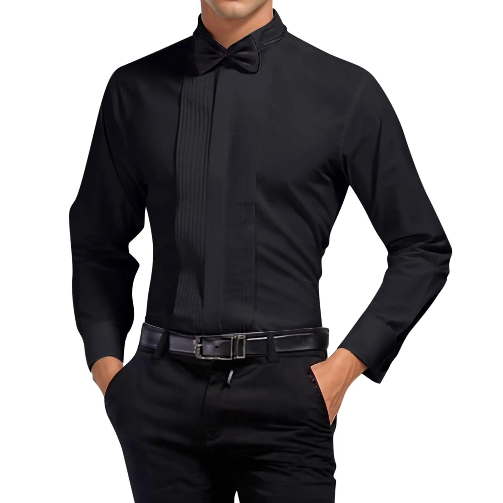 Mymyguoe Camicia da Sposo Uomo a Maniche Lunghe Pieghe Formale Camicia da Matrimonio Business Party Camicia a Maniche Lunghe Taglio Aderente Smoking Camicie per Eventi Formali Camicie Tinta Unita - immagine 1