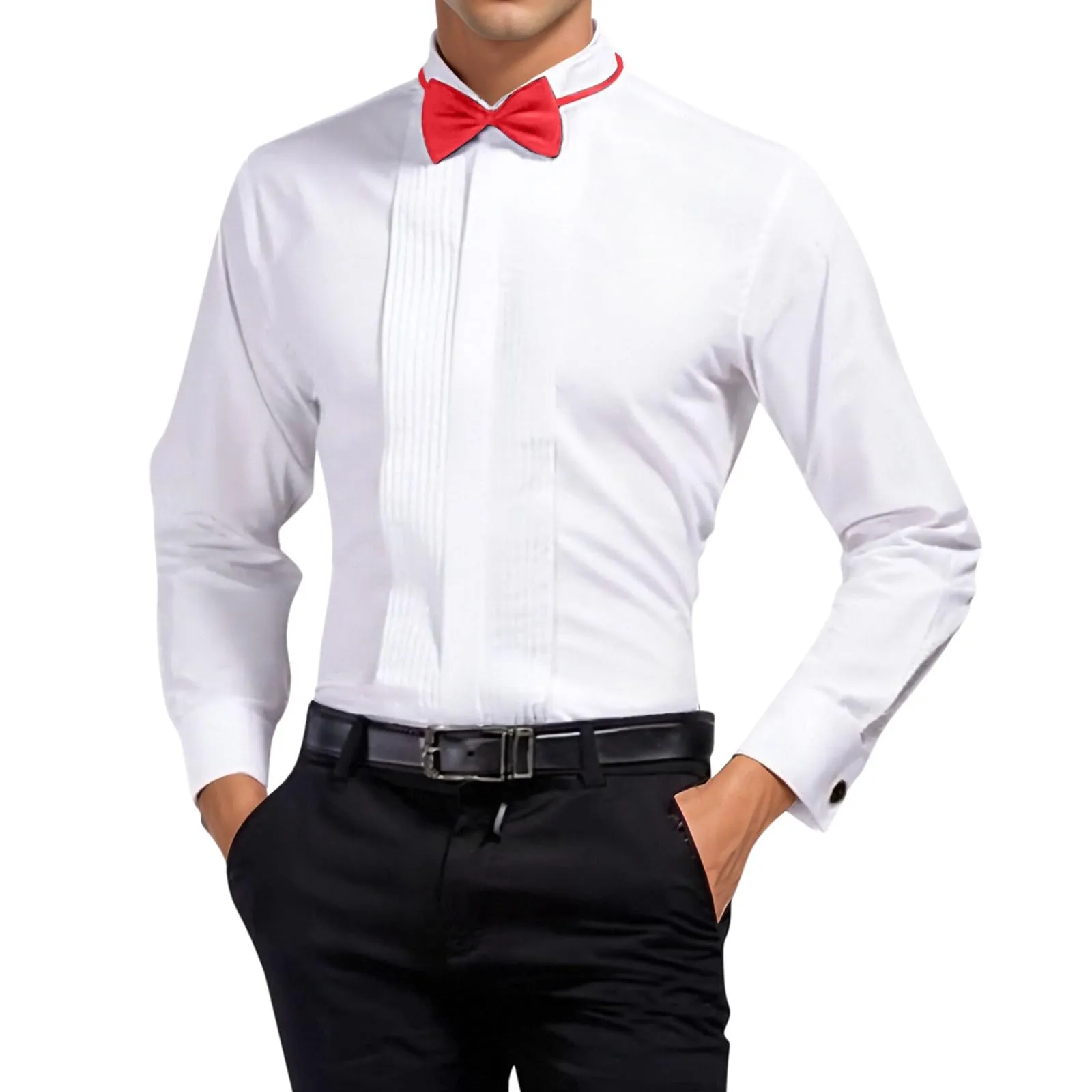 Mymyguoe Camicia da Sposo Uomo a Maniche Lunghe Pieghe Formale Camicia da Matrimonio Business Party Camicia a Maniche Lunghe Taglio Aderente Smoking Camicie per Occasioni Formali Camicie Tinta Unita - immagine 2