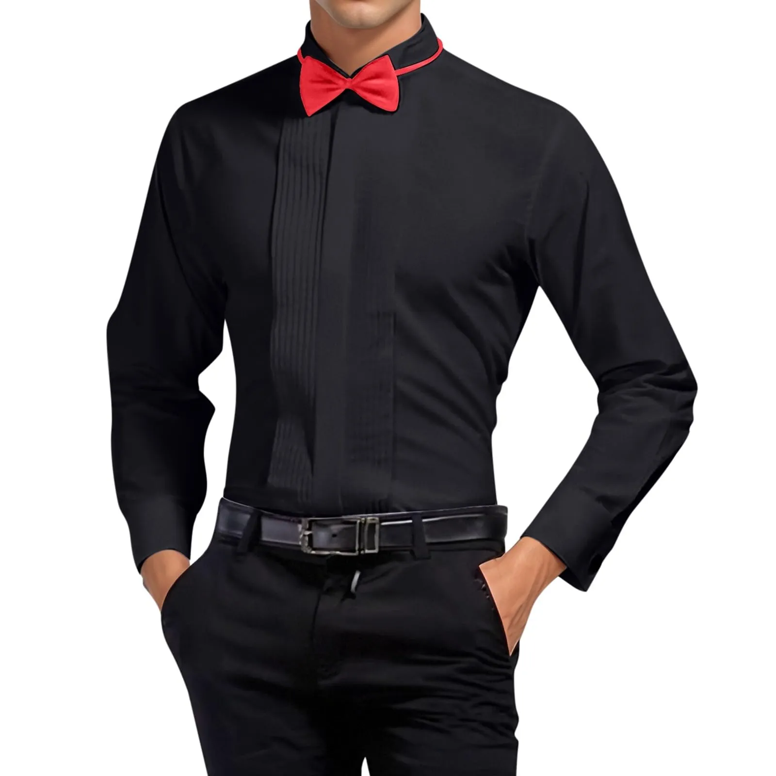 Mymyguoe Camicia da Sposo Uomo a Maniche Lunghe Pieghe Formale Camicia da Sposo Business Party Camicia a Maniche Lunghe Taglio Aderente Smoking Camicie Formali per Eventi Camicie Tinta Unita Camicie - immagine 2