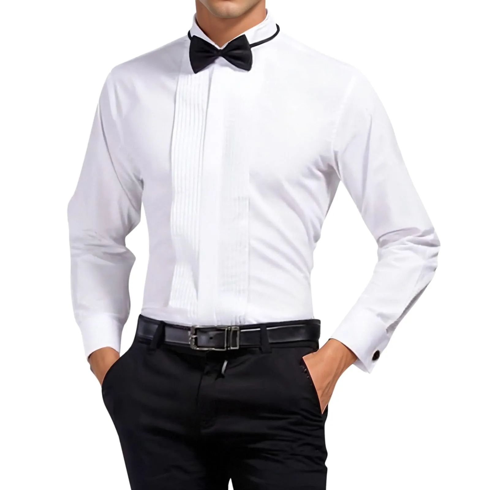 Mymyguoe Camicia da Sposo Uomo a Maniche Lunghe Pieghe Formale Camicia da Matrimonio Business Party Camicia a Maniche Lunghe Taglio Slim Smoking Camicie per Eventi Formali Camicie Tinta Unita Camicie - immagine 1