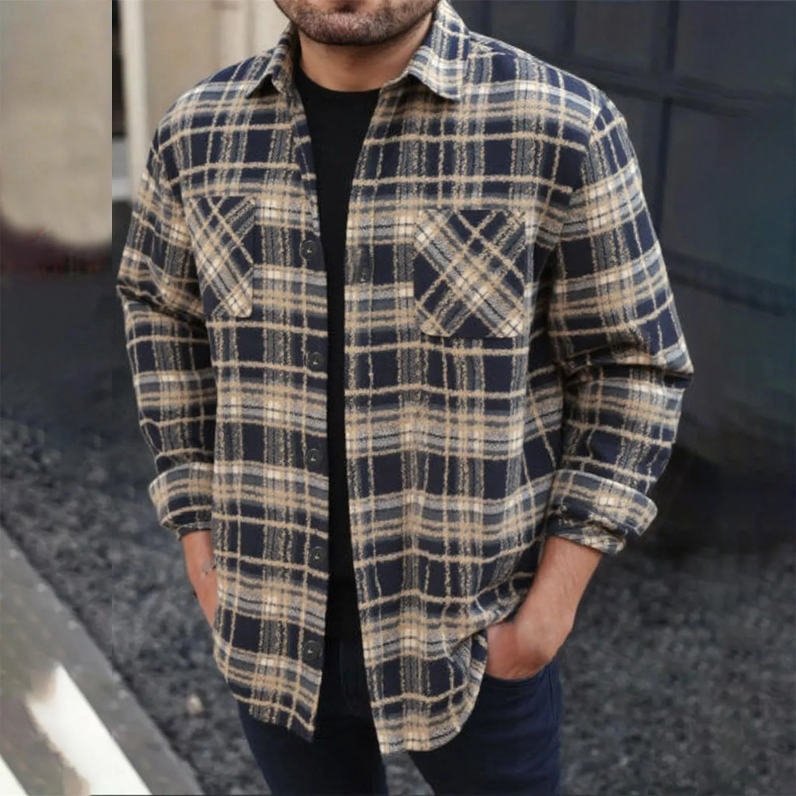 Camicia a quadri da uomo, camicia da lavoro loose fit, camicia di flanella a quadri, camicia invernale da boscaiolo, blusa per Oktoberfest, camicia tradizionale classica con risvolto, camicia casual a - immagine 2