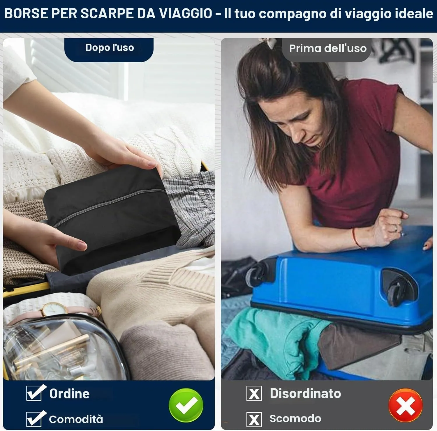 4 pezzi Borsa per Scarpe – Sacchetti Impermeabili per Viaggio - ideale per scarpe da viaggio e vacanze (Nero) - immagine 5
