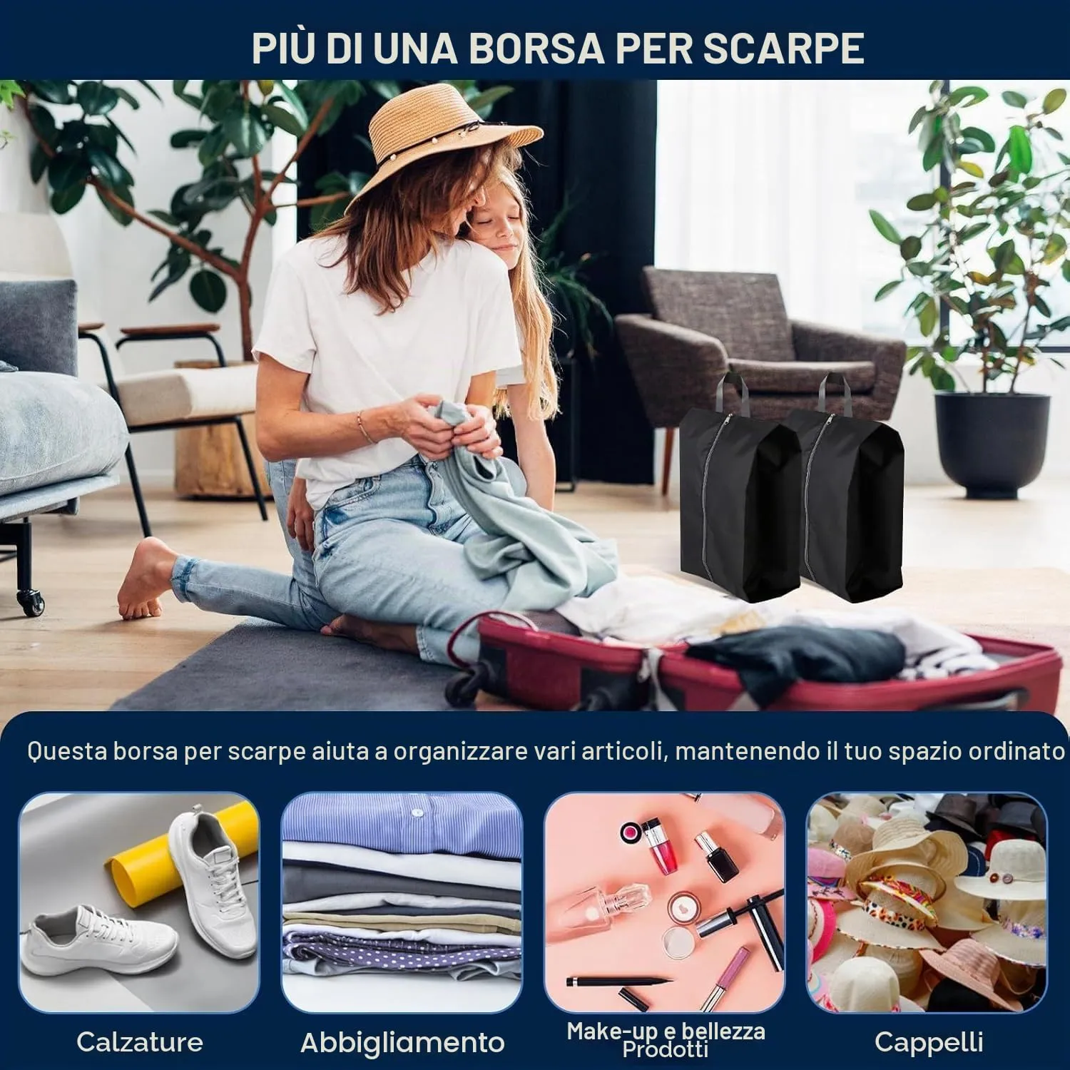 4 pezzi Borsa per Scarpe – Sacchetti Impermeabili per Viaggio - ideale per scarpe da viaggio e vacanze (Nero) - immagine 6