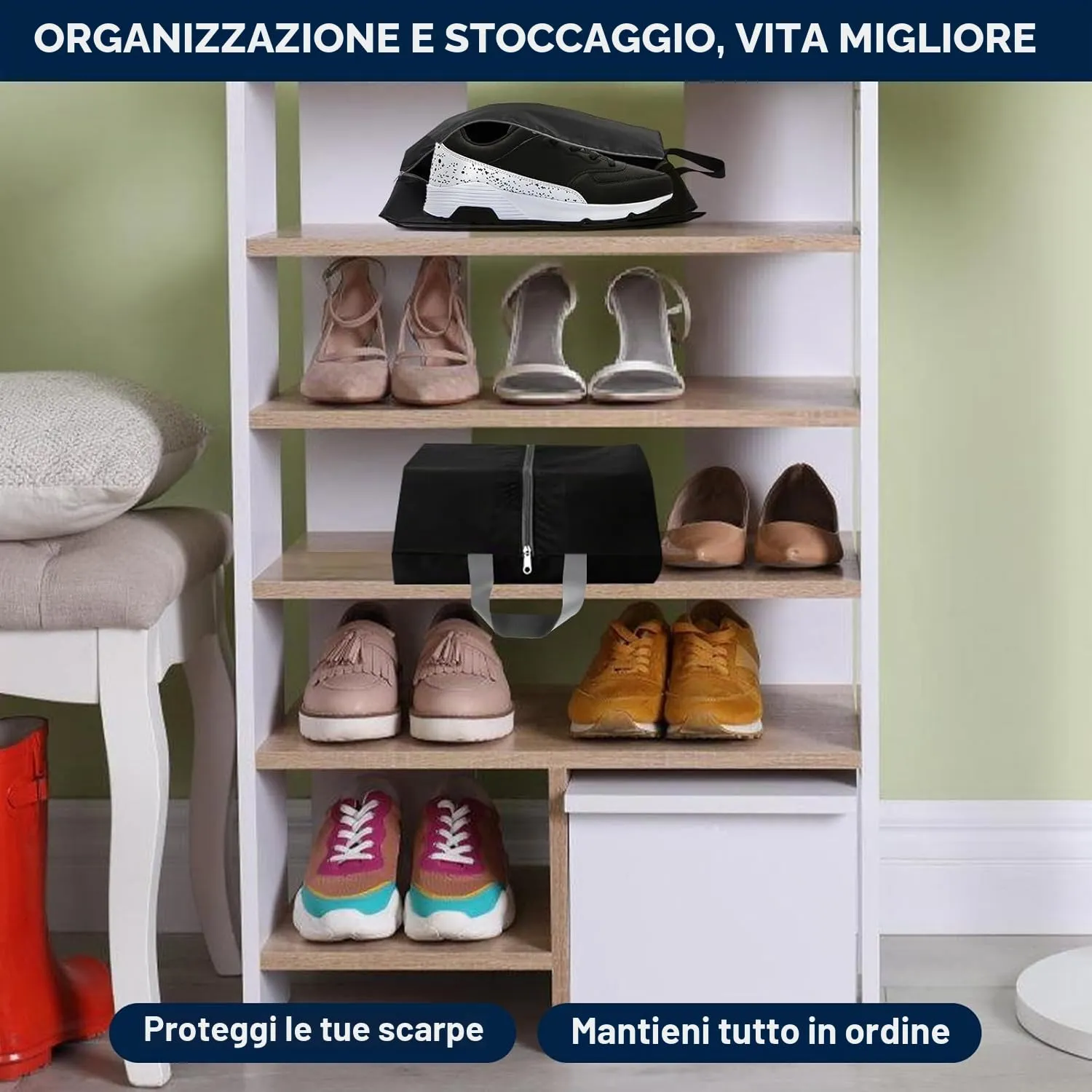 4 pezzi Borsa per Scarpe – Sacchetti Impermeabili per Viaggio - ideale per scarpe da viaggio e vacanze (Nero) - immagine 7