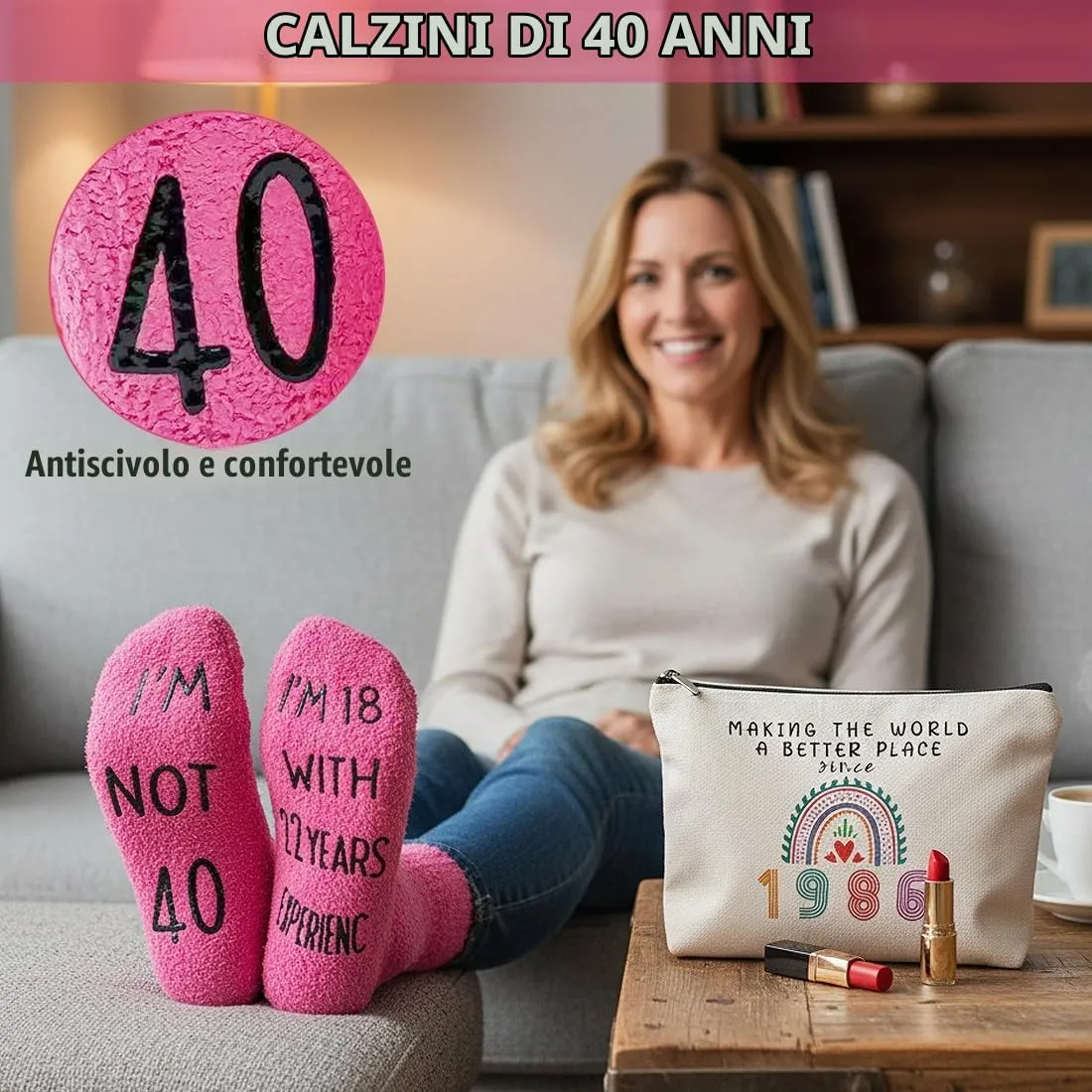 BAHME 2 Pcs Beauty Case Perfetto Per Il 40º Compleanno, Ideale Come Regalo, Regali di Compleanno per Donne, tra Cui Borsa per il Trucco e Calzini di Compleanno Ideali per Donne (1986-40 anni) - immagine 3