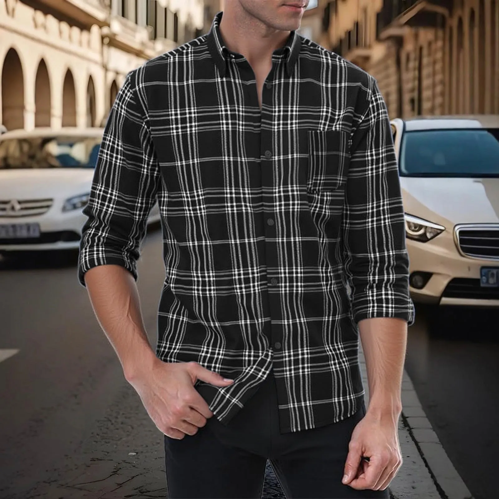 Camicia da lavoro da uomo, Loose Fit, in flanella, a quadri, per l'inverno, per il tempo libero, a maniche lunghe, in lino, S7 nero, 4XL - immagine 2