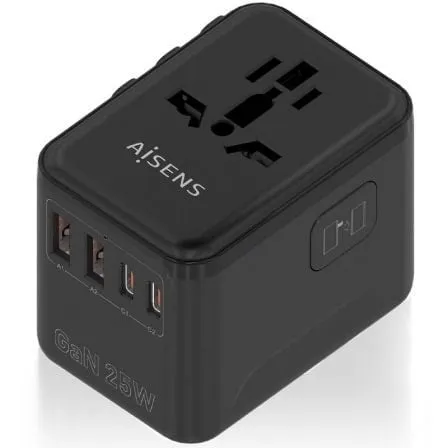 Adattatore da viaggio universale AISENS GaN 2xUSB-A QC3.0 2xUSB-C PD3.0 25W Nero - immagine 1