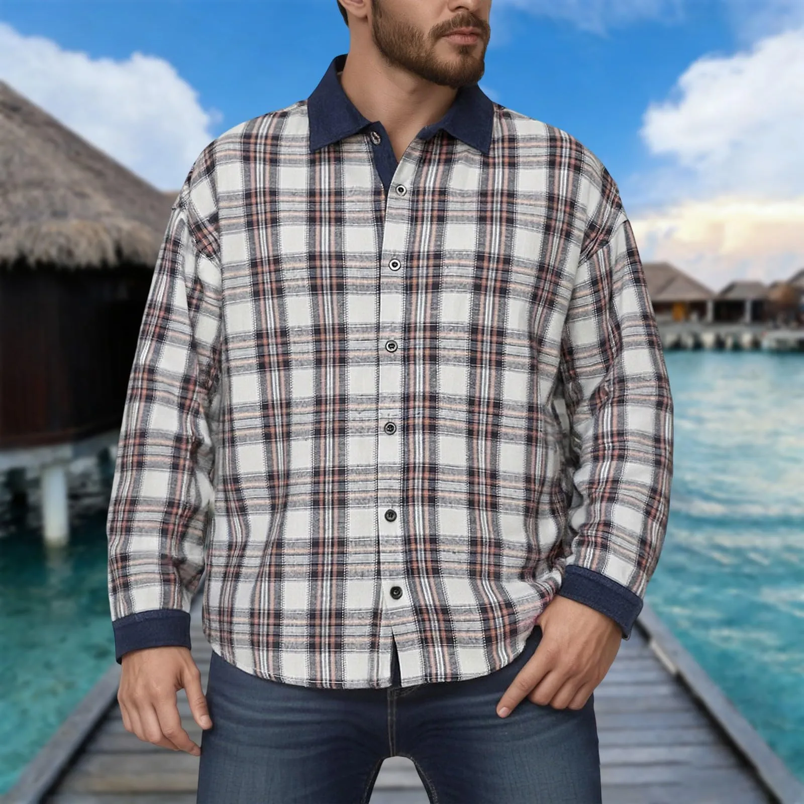 Camicia da lavoro da uomo, Loose Fit, in flanella, a quadri, per l'inverno, per il tempo libero, a maniche lunghe, in lino, 5XL - immagine 2