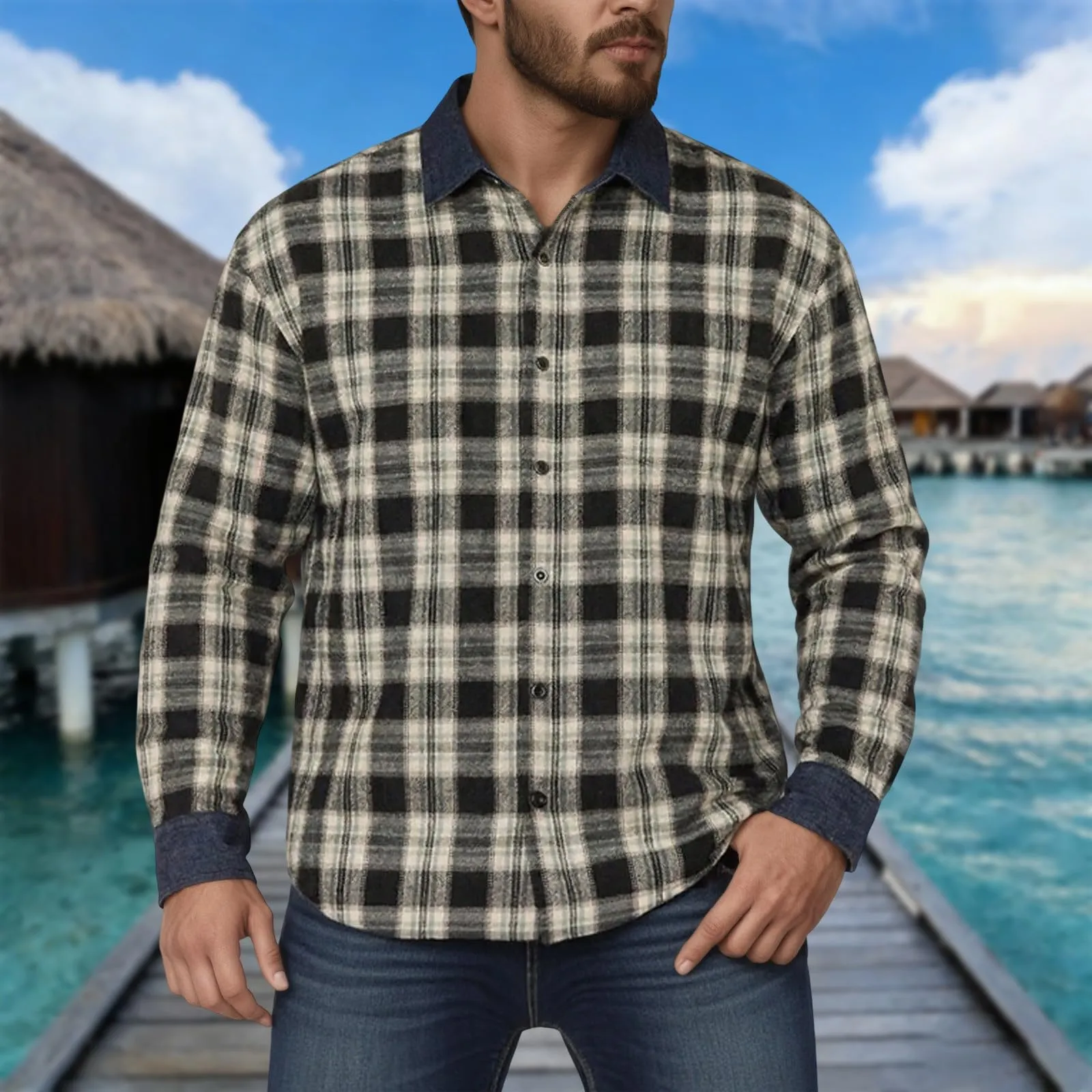 Camicia da lavoro da uomo, Loose Fit, in flanella, a quadri, per l'inverno, per il tempo libero, a maniche lunghe, in lino, S9 Nero, XL - immagine 2
