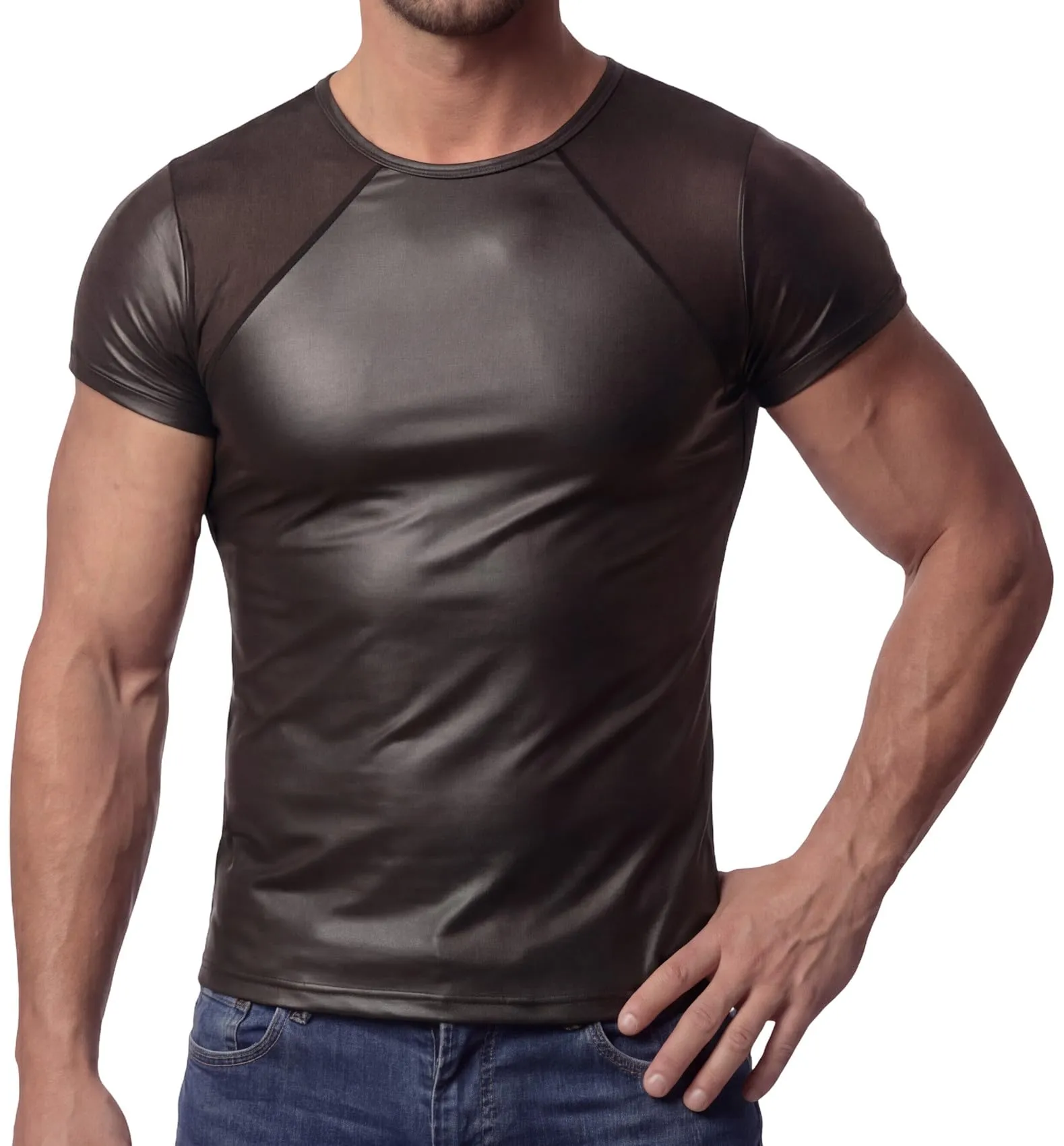 Maglietta da uomo simile al lattice, effetto bagnato con inserti in rete, Mesh 01, M - immagine 1
