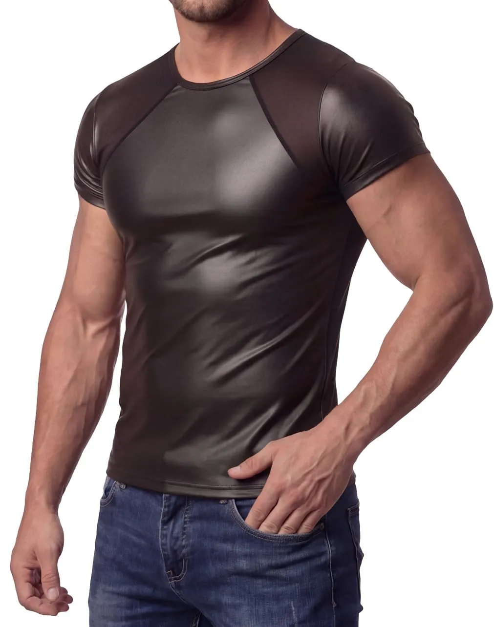 Maglietta da uomo simile al lattice, effetto bagnato con inserti in rete, Mesh 01, M - immagine 3