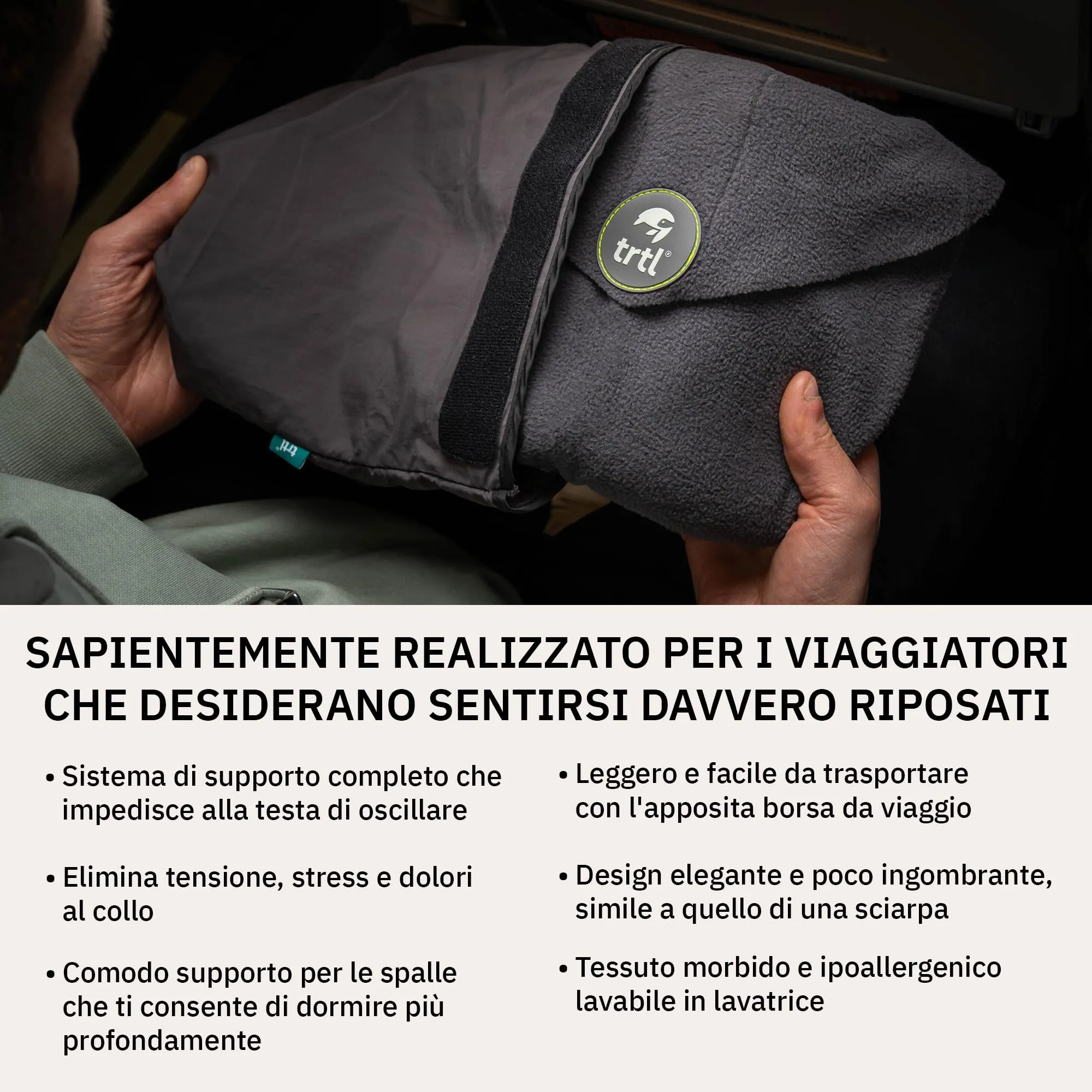 trtl Travel Pillow Nero | Cuscino da viaggio salvaspazio | Per viaggiare comodamente in aereo, auto e autobus | Sistema di supporto unico | Lavabile in lavatrice - immagine 4
