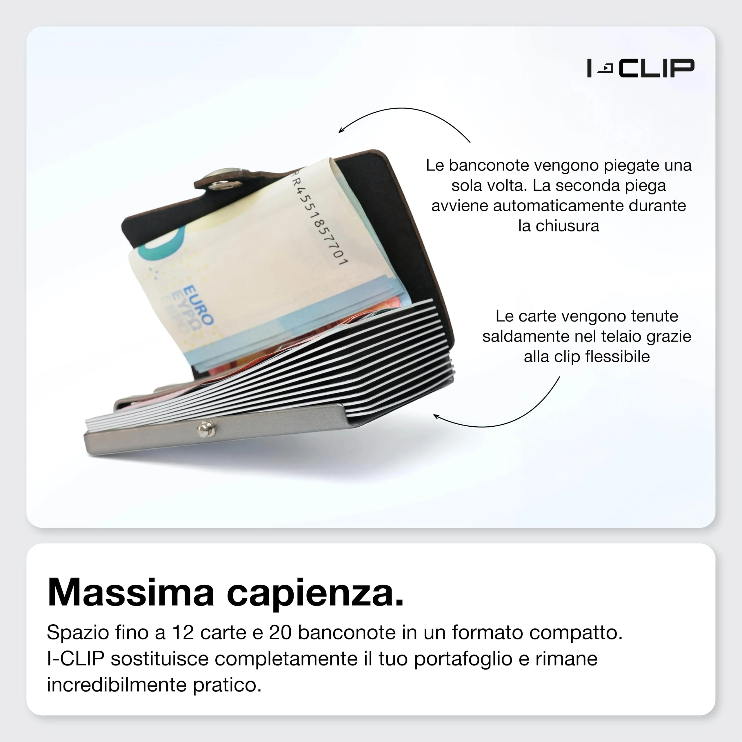 I-CLIP Original Portafoglio Uomo Slim Banconote, Mini Wallet fino a 12 Carte, Ultraleggero con soli 22g, Pelle Liscia Nero, Telaio Argento - immagine 2