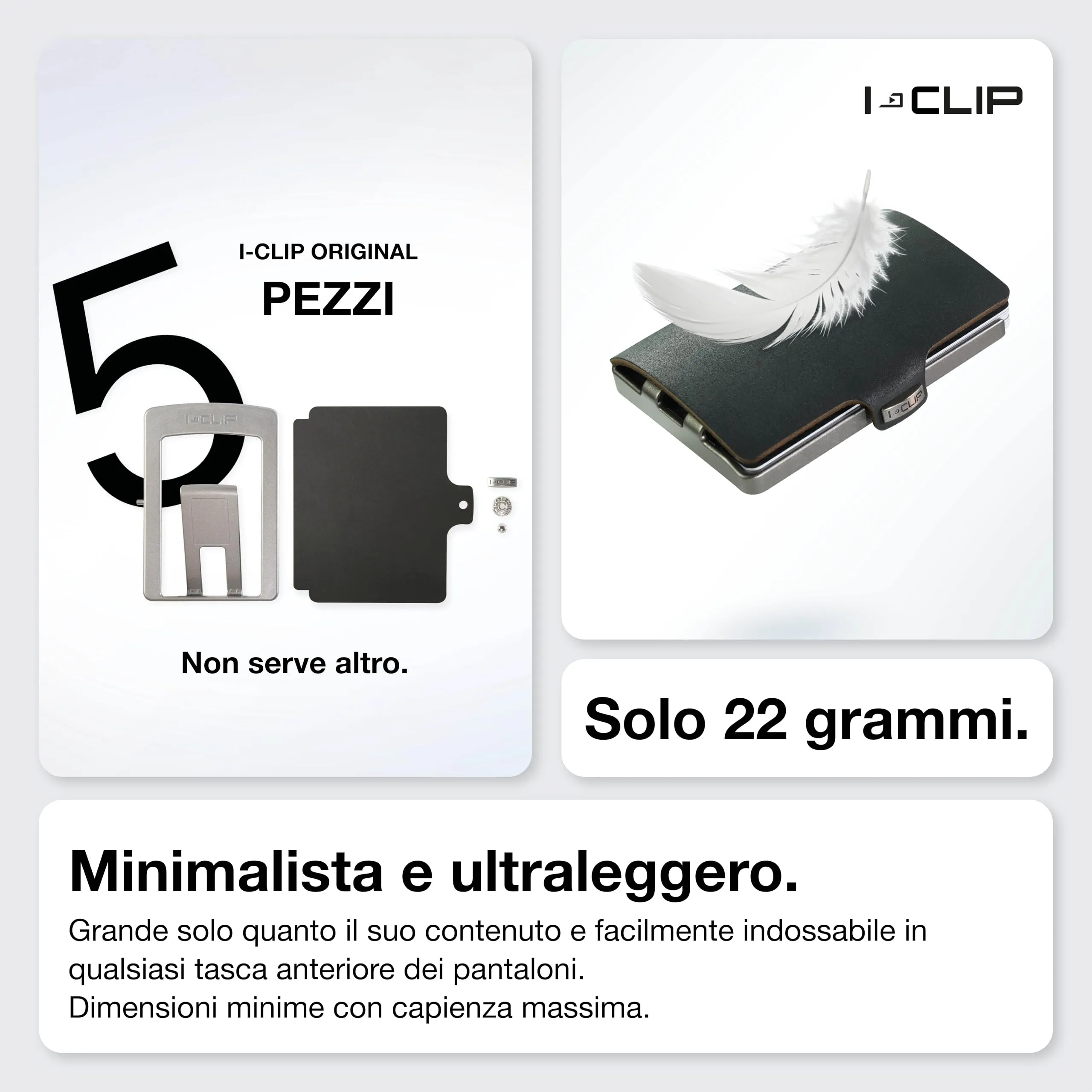 I-CLIP Original Portafoglio Uomo Slim Banconote, Mini Wallet fino a 12 Carte, Ultraleggero con soli 22g, Pelle Liscia Nero, Telaio Argento - immagine 3