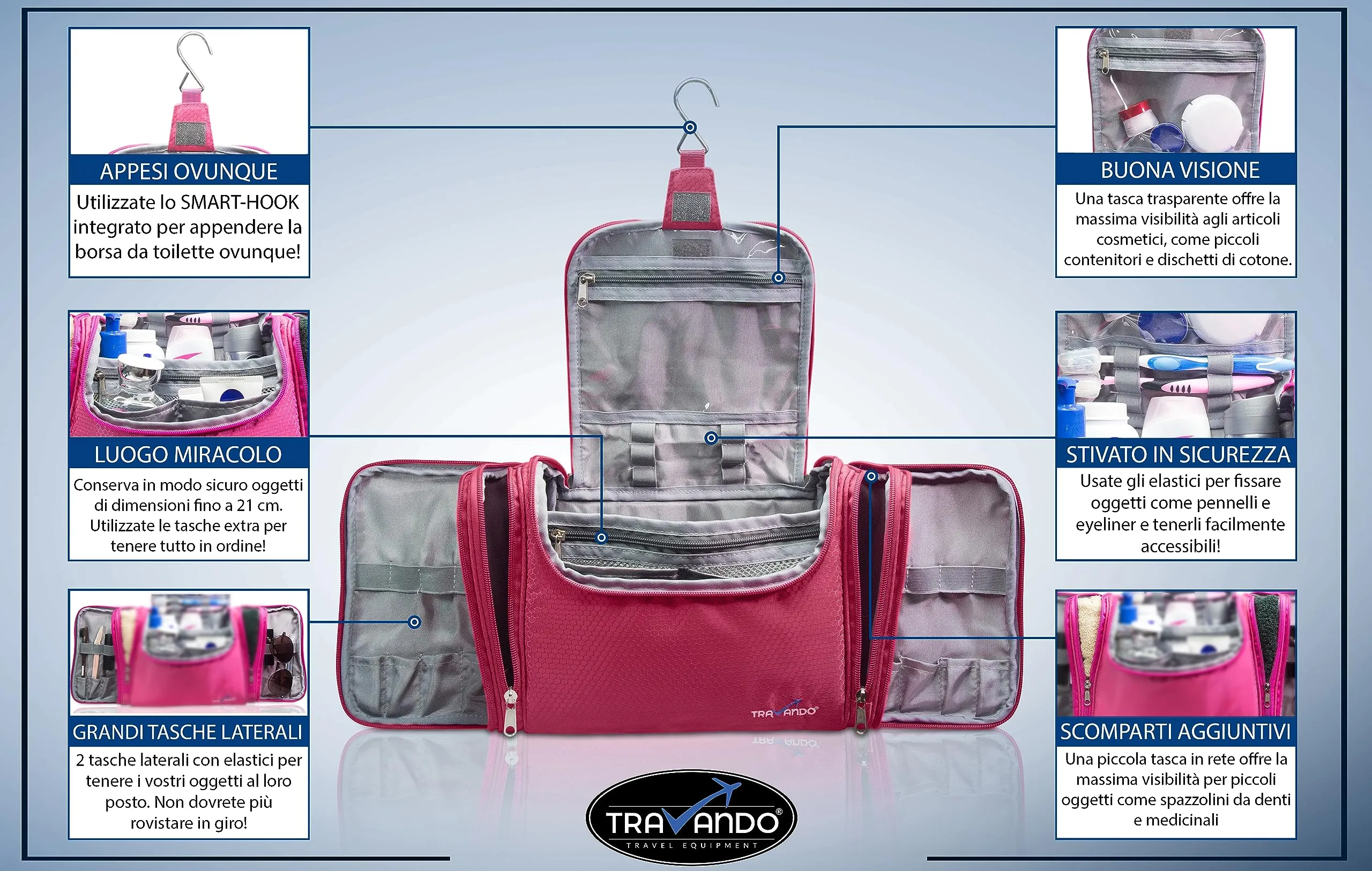 TRAVANDO XXL borsa della toilette signore grandi da appendere "Maxi" - 8,8 volume litro - cosmetica con molti scomparti - beauty case, rosa - immagine 6