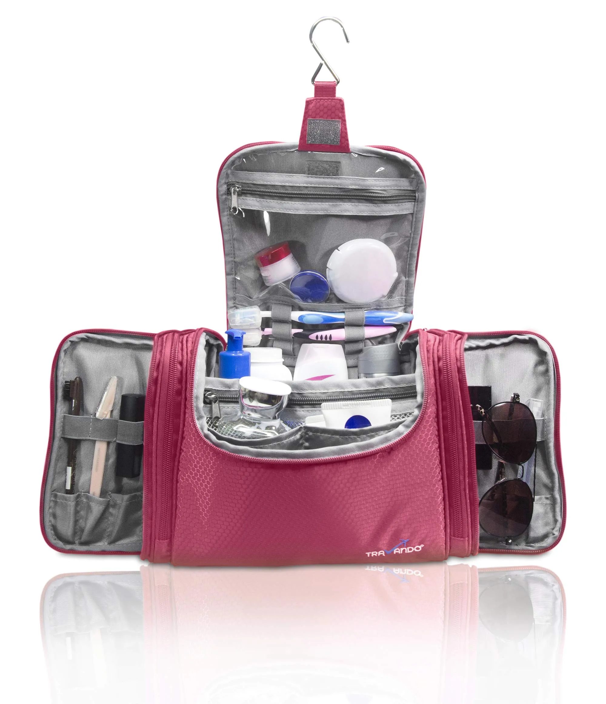 TRAVANDO XXL borsa della toilette signore grandi da appendere "Maxi" - 8,8 volume litro - cosmetica con molti scomparti - beauty case (Rosso) - immagine 2