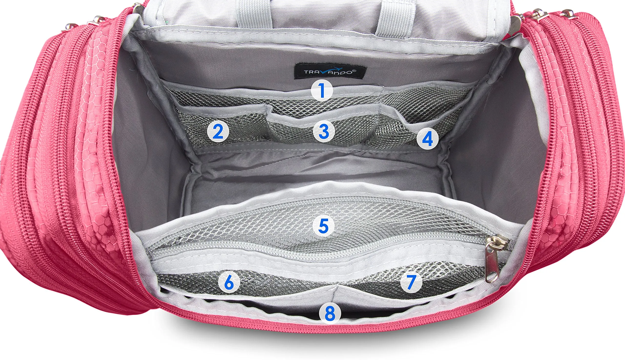 TRAVANDO XXL borsa della toilette signore grandi da appendere "Maxi" - 8,8 volume litro - cosmetica con molti scomparti - beauty case (Rosso) - immagine 3