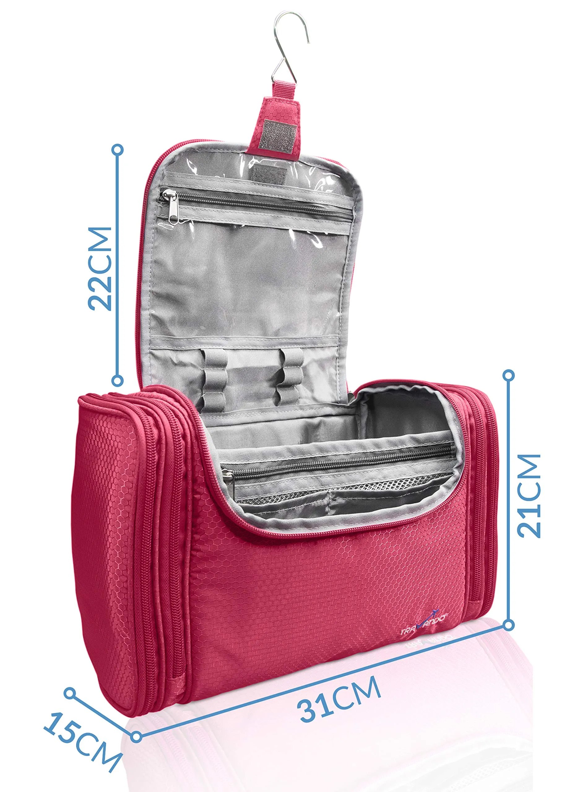 TRAVANDO XXL borsa della toilette signore grandi da appendere "Maxi" - 8,8 volume litro - cosmetica con molti scomparti - beauty case (Rosso) - immagine 4