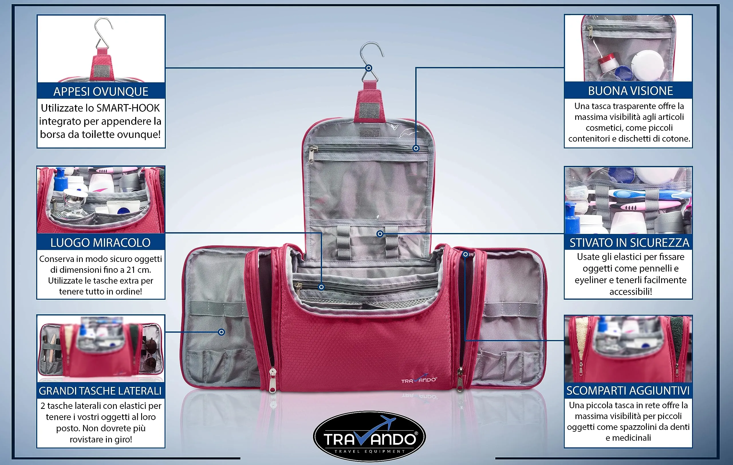 TRAVANDO XXL borsa della toilette signore grandi da appendere "Maxi" - 8,8 volume litro - cosmetica con molti scomparti - beauty case (Rosso) - immagine 6