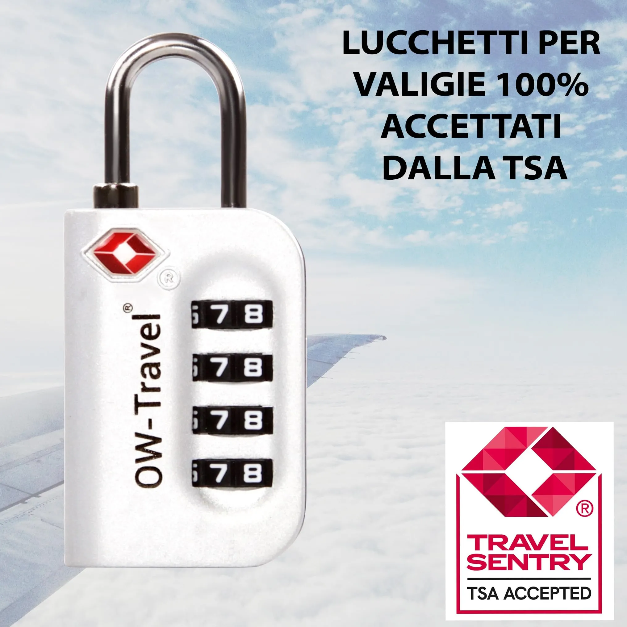 OW-Travel Lucchetto TSA, Lucchetto Valigia Aereo 4 Cifre Argento 1 Pz - immagine 4