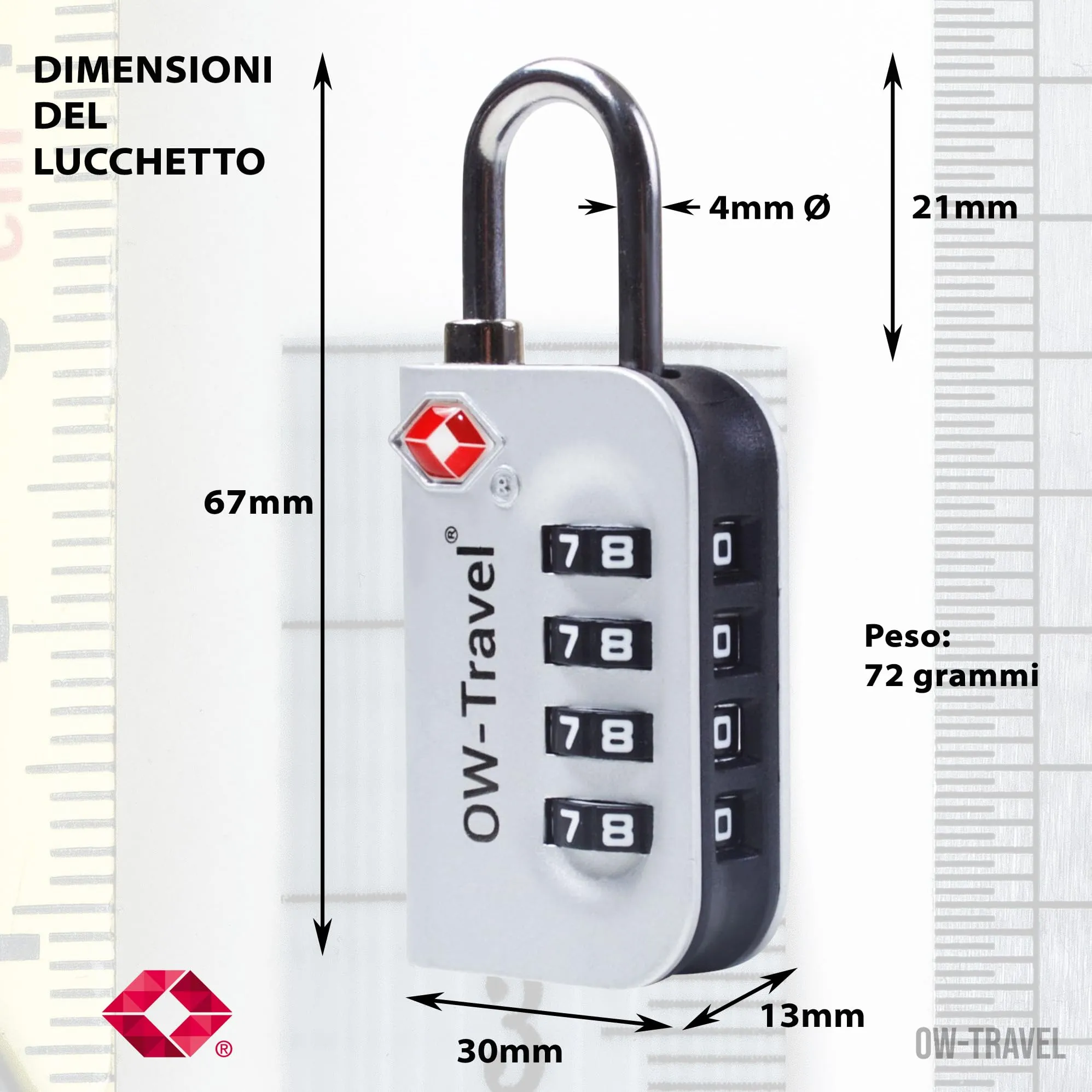 OW-Travel Lucchetto TSA, Lucchetto Valigia Aereo 4 Cifre Argento 1 Pz - immagine 7