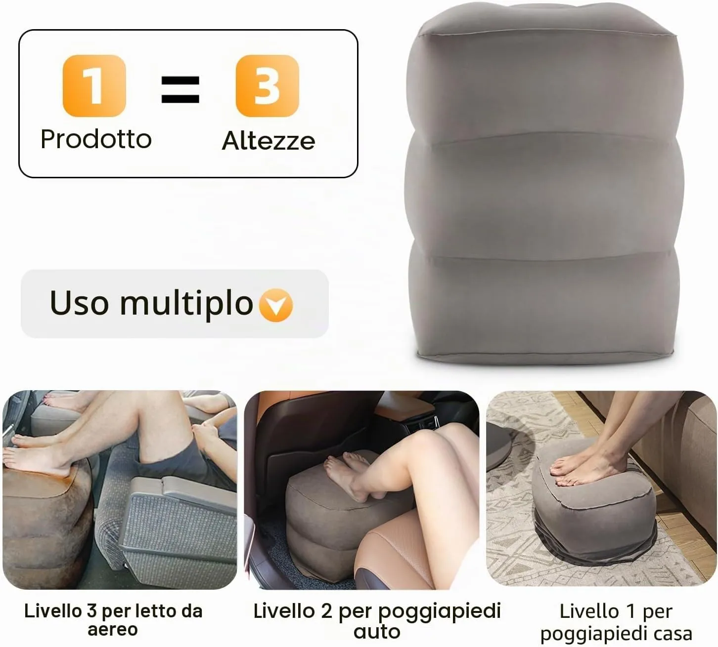 Maliton Poggiapiedi, poggiapiedi gonfiabile per aereo, cuscino da viaggio per bambini, altezza regolabile, poggiagambe per auto, treno, ufficio, pieghevole e portatile da viaggio (Grigio, 1 pezzo) - immagine 2