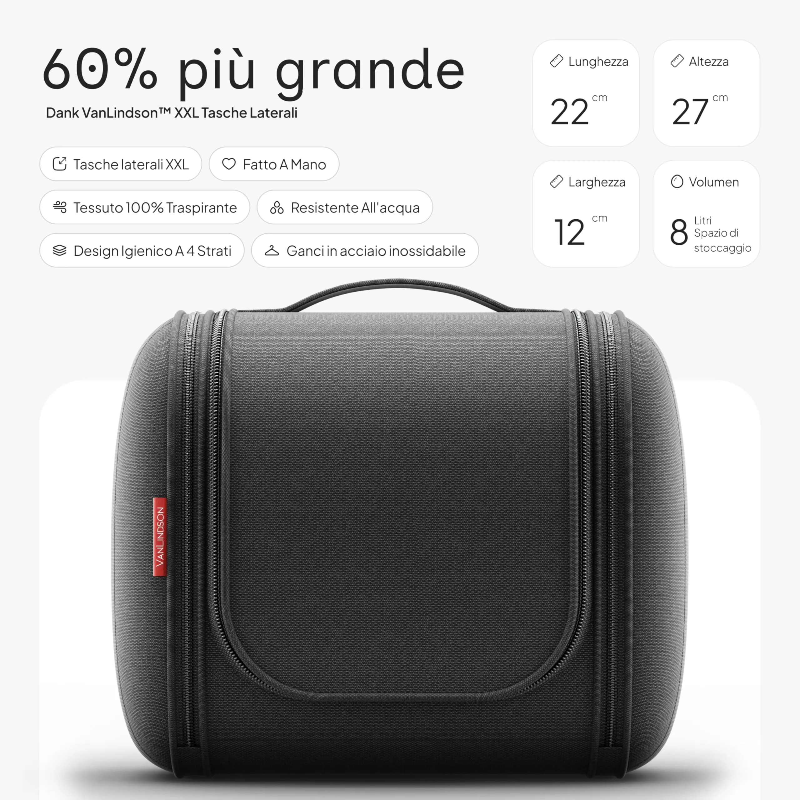 VanLindson Beauty Case da Viaggio Uomo e Donna da Appendere, 8L, Nero - immagine 2