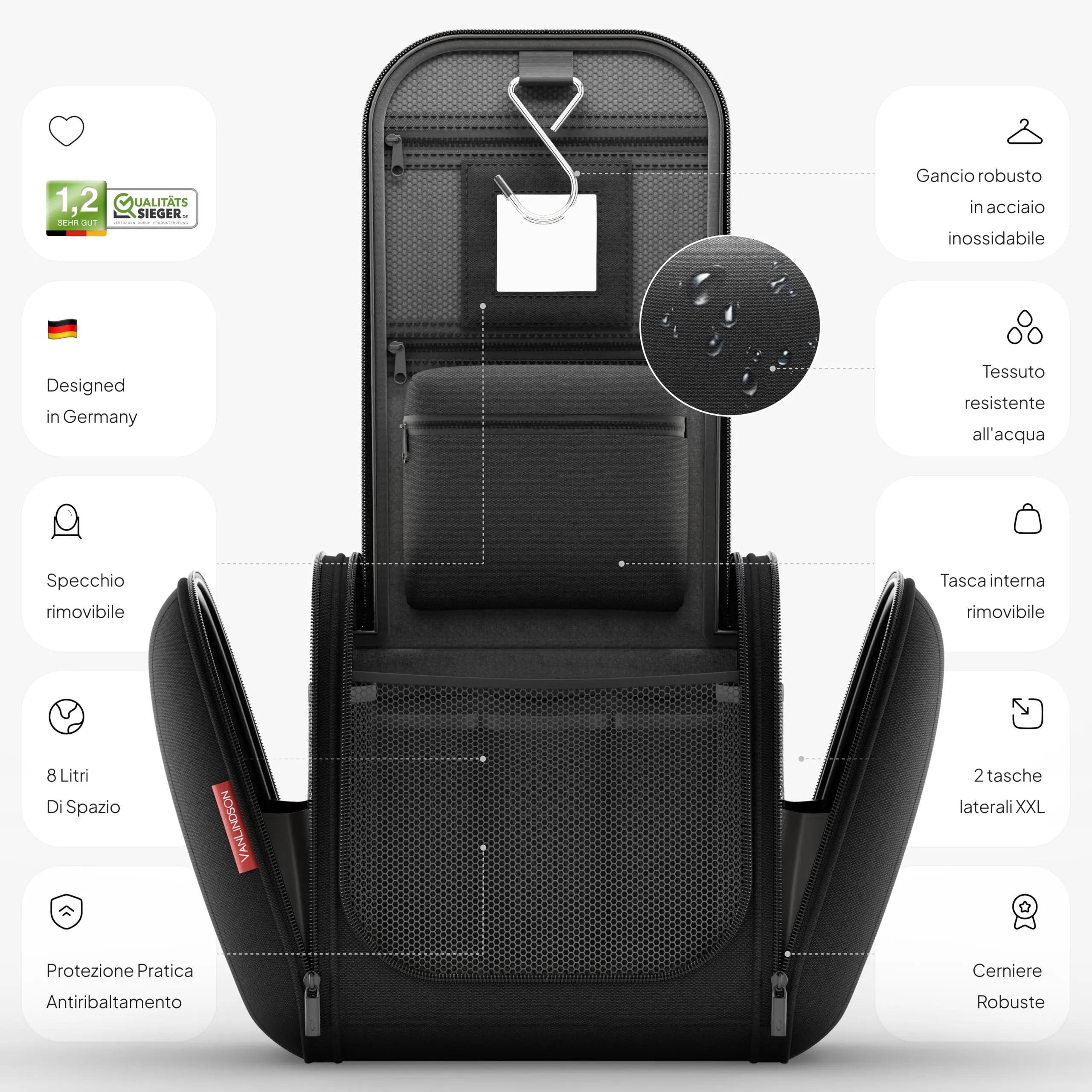 VanLindson Beauty Case da Viaggio Uomo e Donna da Appendere, 8L, Nero - immagine 3