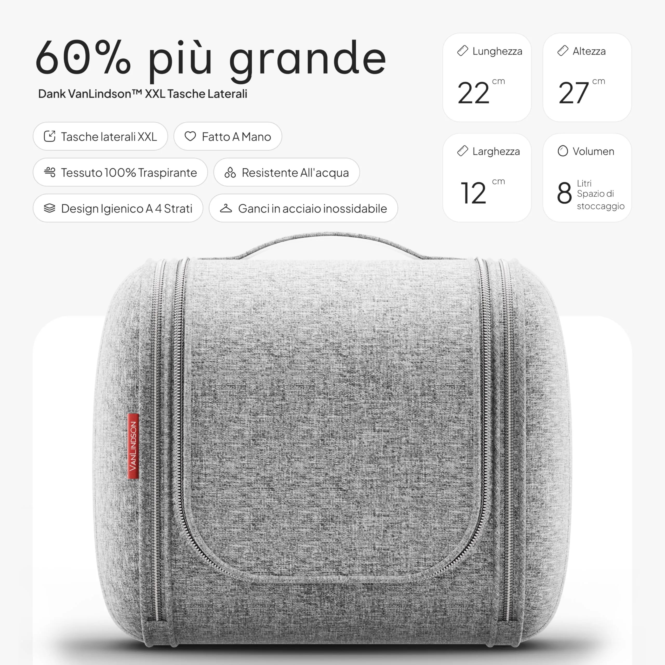 VanLindson Beauty Case da Viaggio Uomo e Donna da Appendere, 8L, Grigio - immagine 2