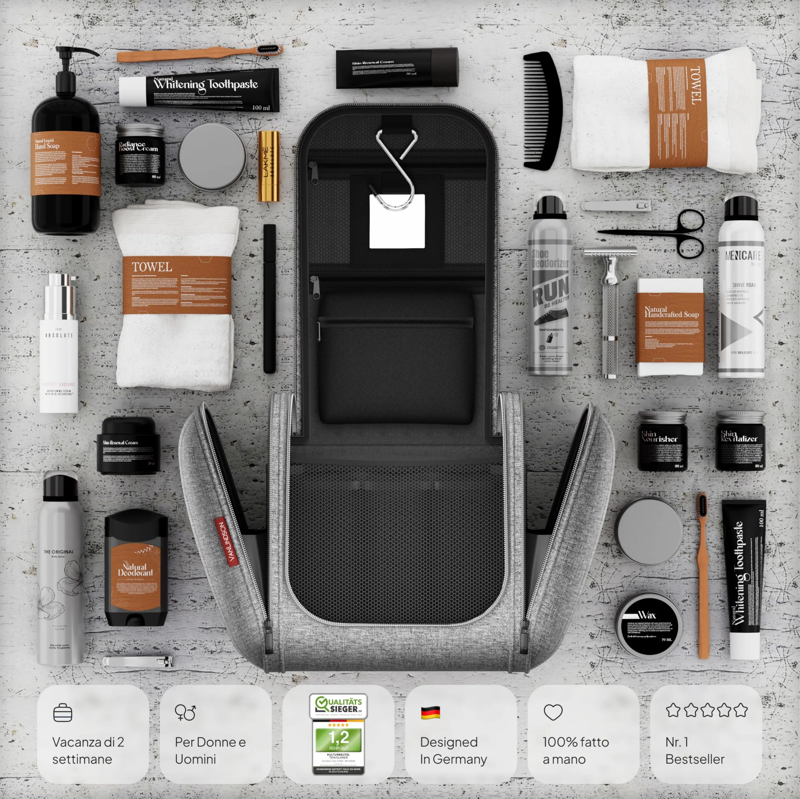 VanLindson Beauty Case da Viaggio Uomo e Donna da Appendere, 8L, Grigio - immagine 6