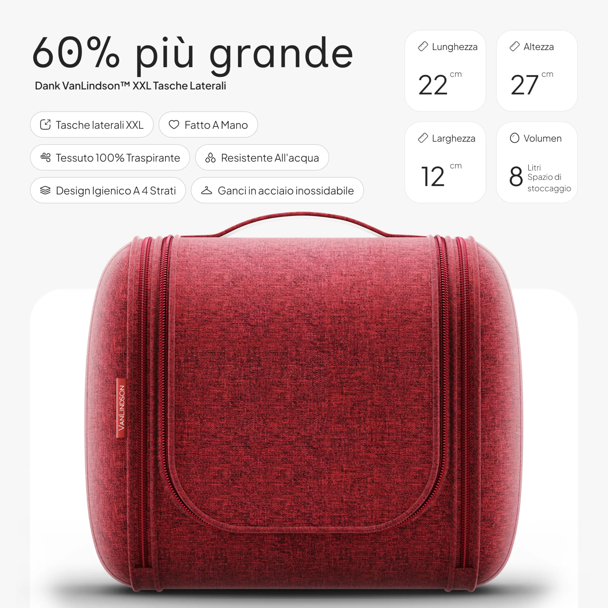 VanLindson Beauty Case da Viaggio Uomo e Donna da Appendere, 8L, Rosso - immagine 2