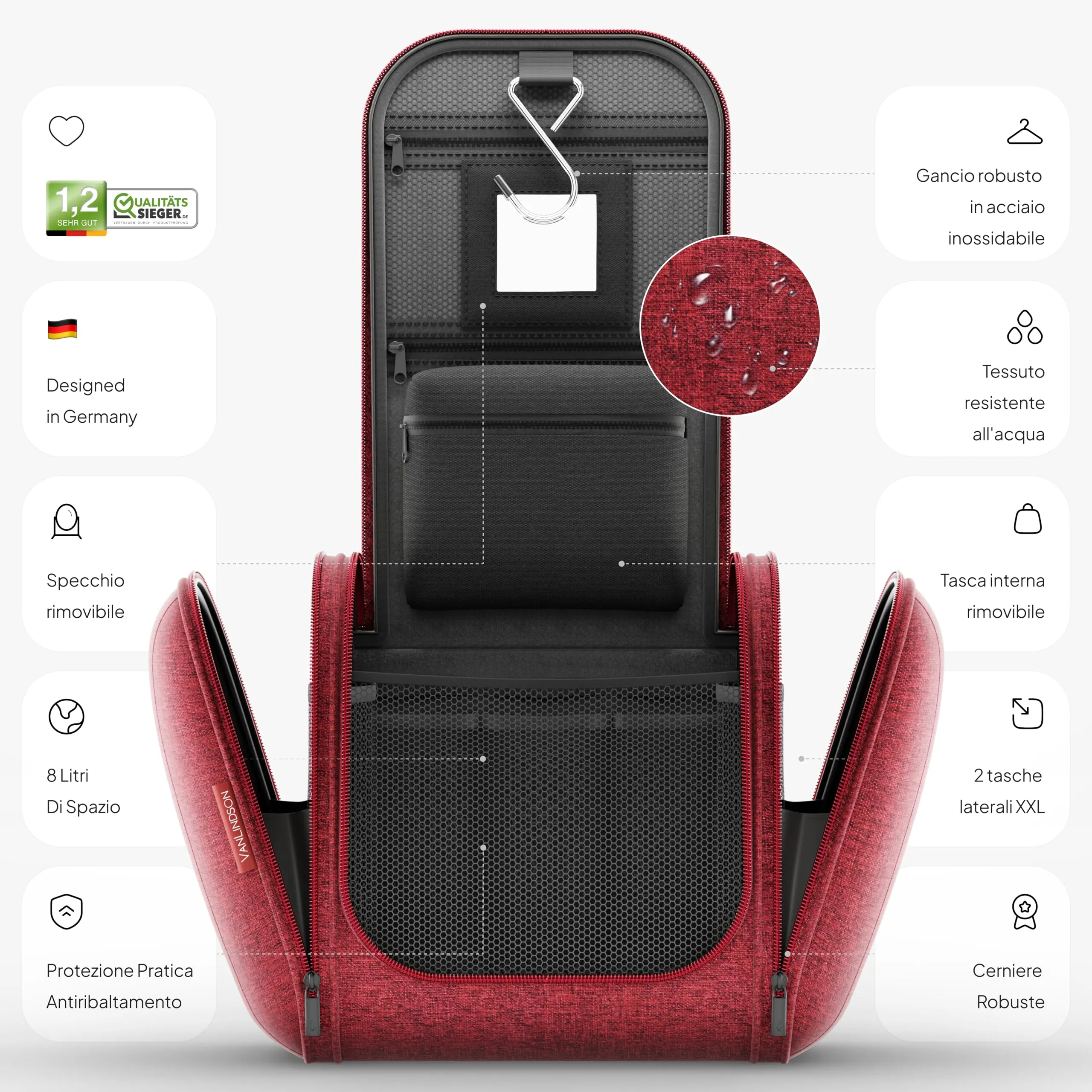 VanLindson Beauty Case da Viaggio Uomo e Donna da Appendere, 8L, Rosso - immagine 3