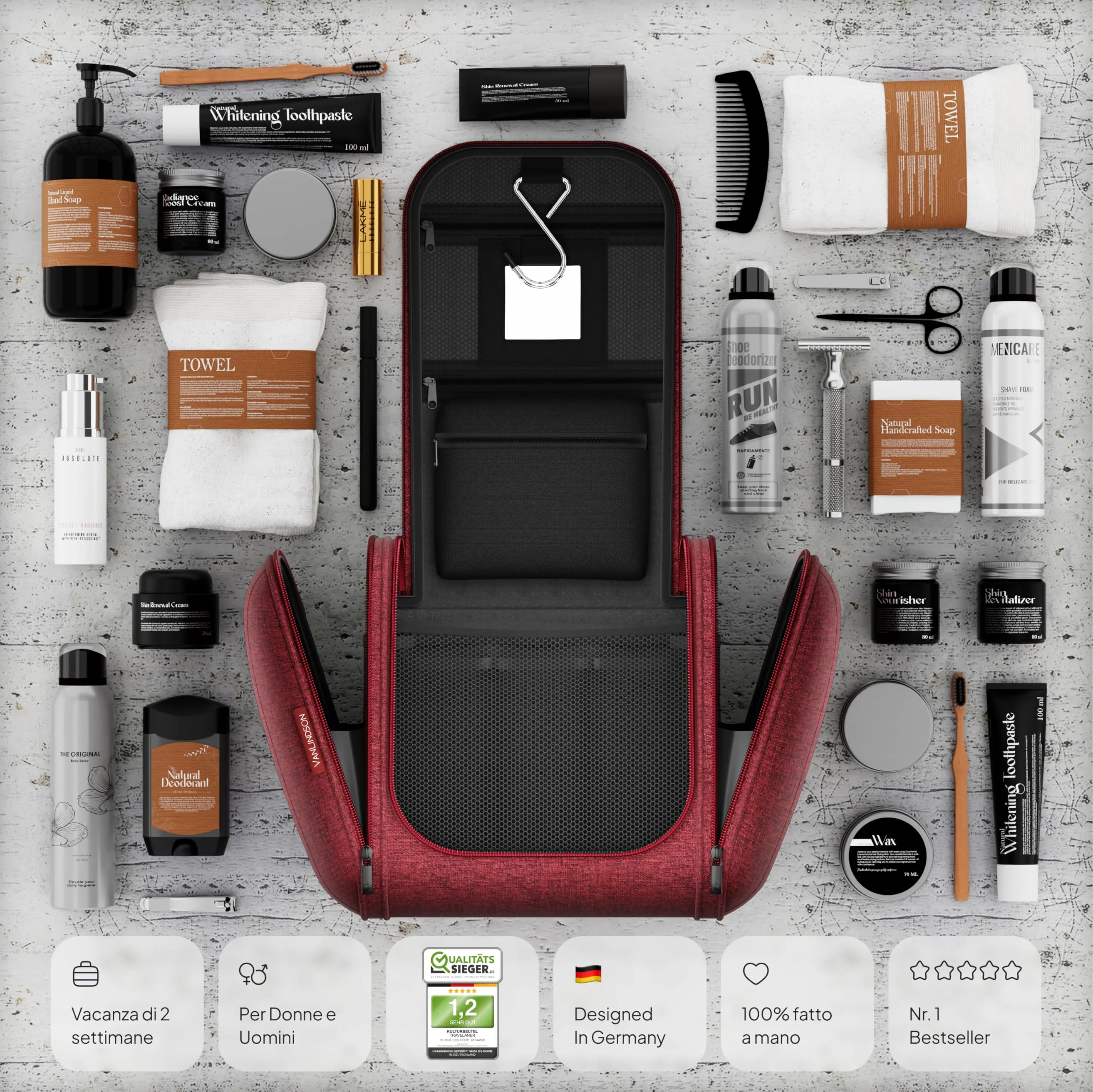 VanLindson Beauty Case da Viaggio Uomo e Donna da Appendere, 8L, Rosso - immagine 6