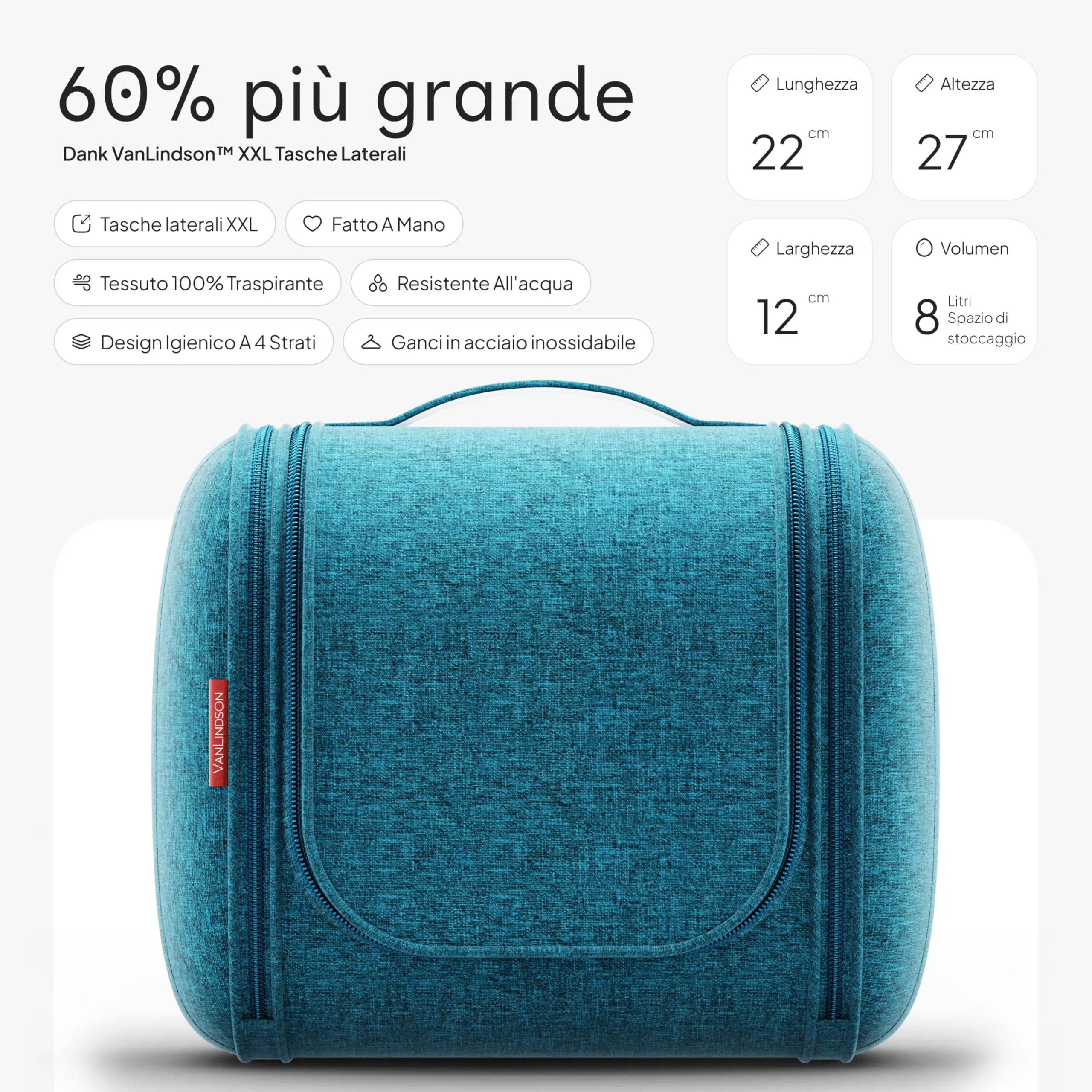 VanLindson Beauty Case da Viaggio Uomo e Donna da Appendere, 8L, Turchese - immagine 2