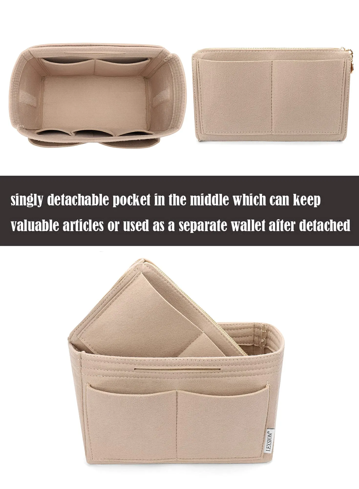 LEXSION Inserto organizer per borsa in feltro con cerniera, borsa tote Shaper Fit Speedy Neverful PM MM, 1-beige, XL - immagine 2