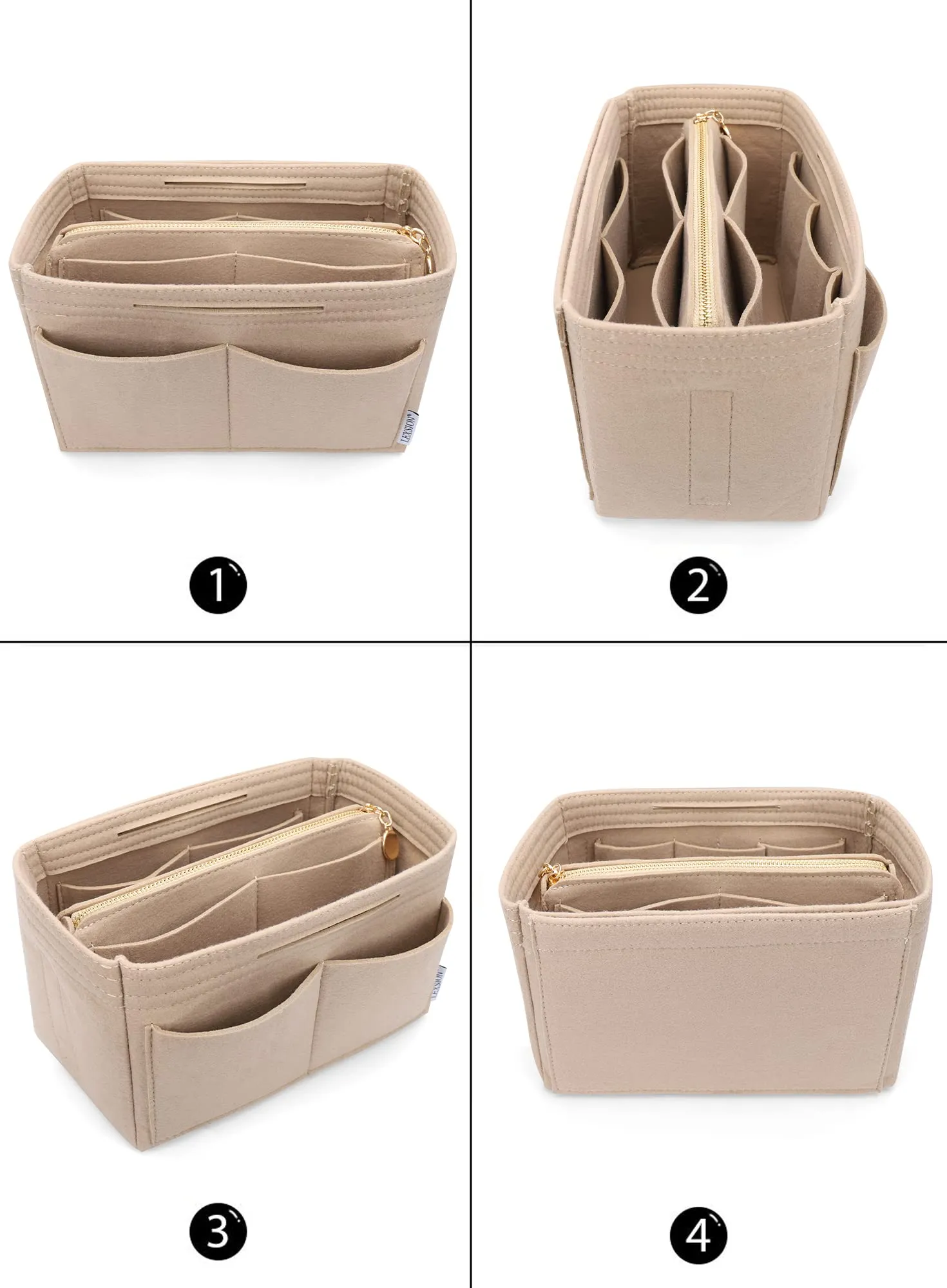 LEXSION Inserto organizer per borsa in feltro con cerniera, borsa tote Shaper Fit Speedy Neverful PM MM, 1-beige, XL - immagine 3