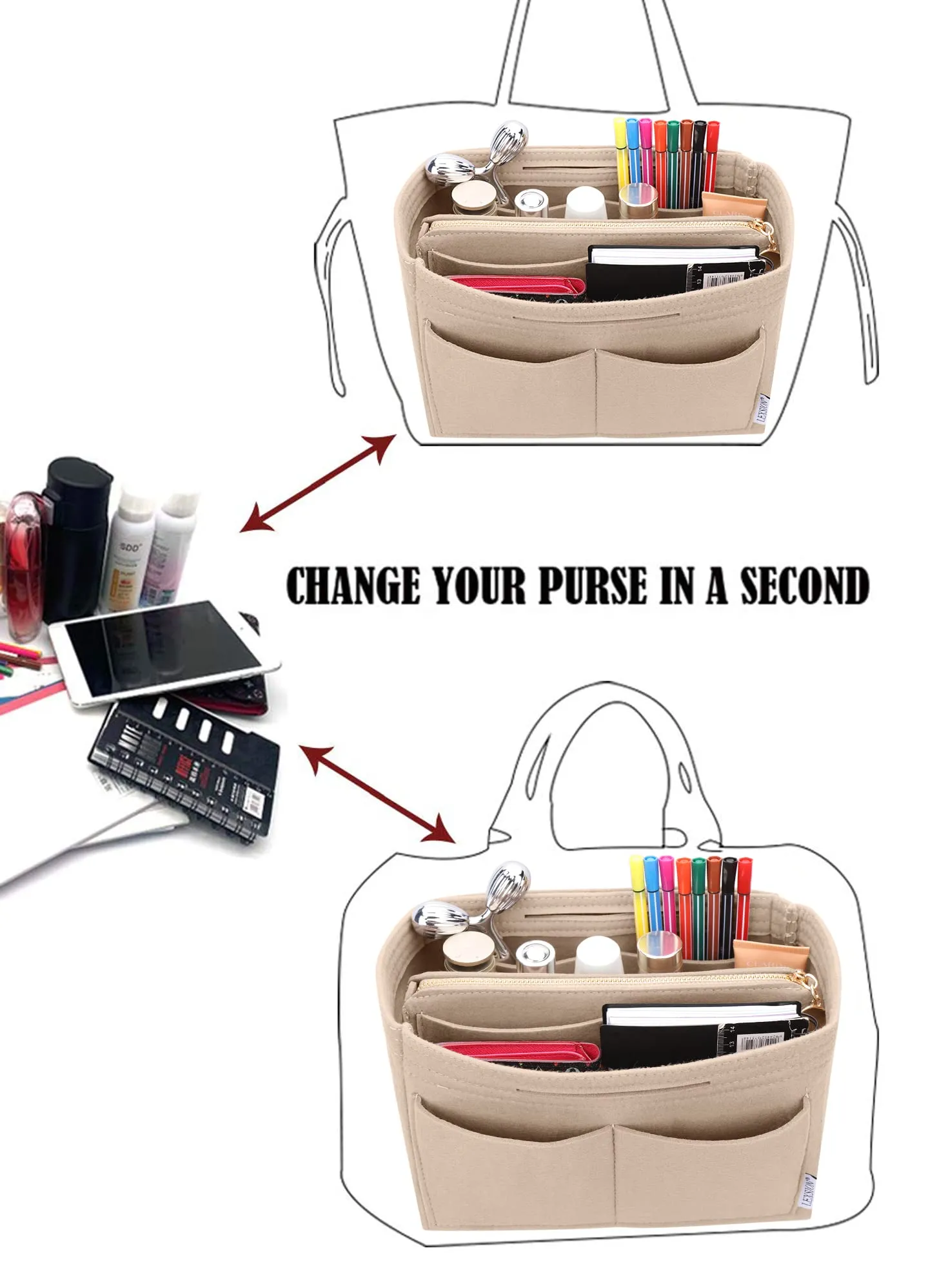 LEXSION Inserto organizer per borsa in feltro con cerniera, borsa tote Shaper Fit Speedy Neverful PM MM, 1-beige, XL - immagine 5