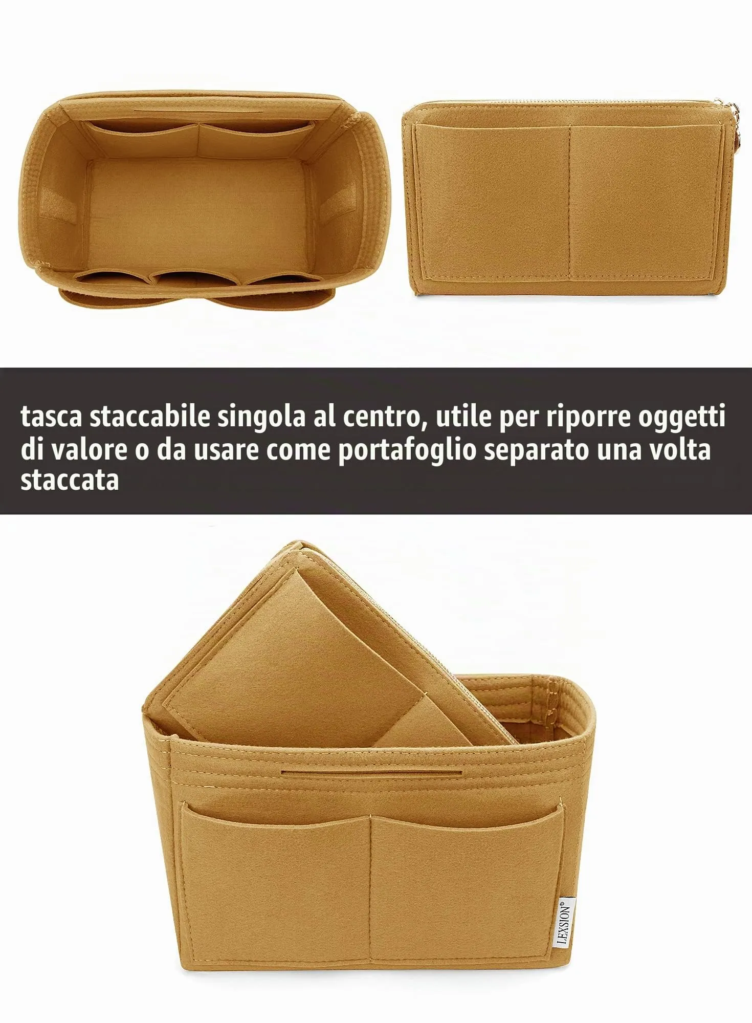 LEXSION Inserto organizer per borsa in feltro con cerniera, borsa tote Shaper Fit Speedy Neverful PM MM, 1-Brown, L - immagine 2
