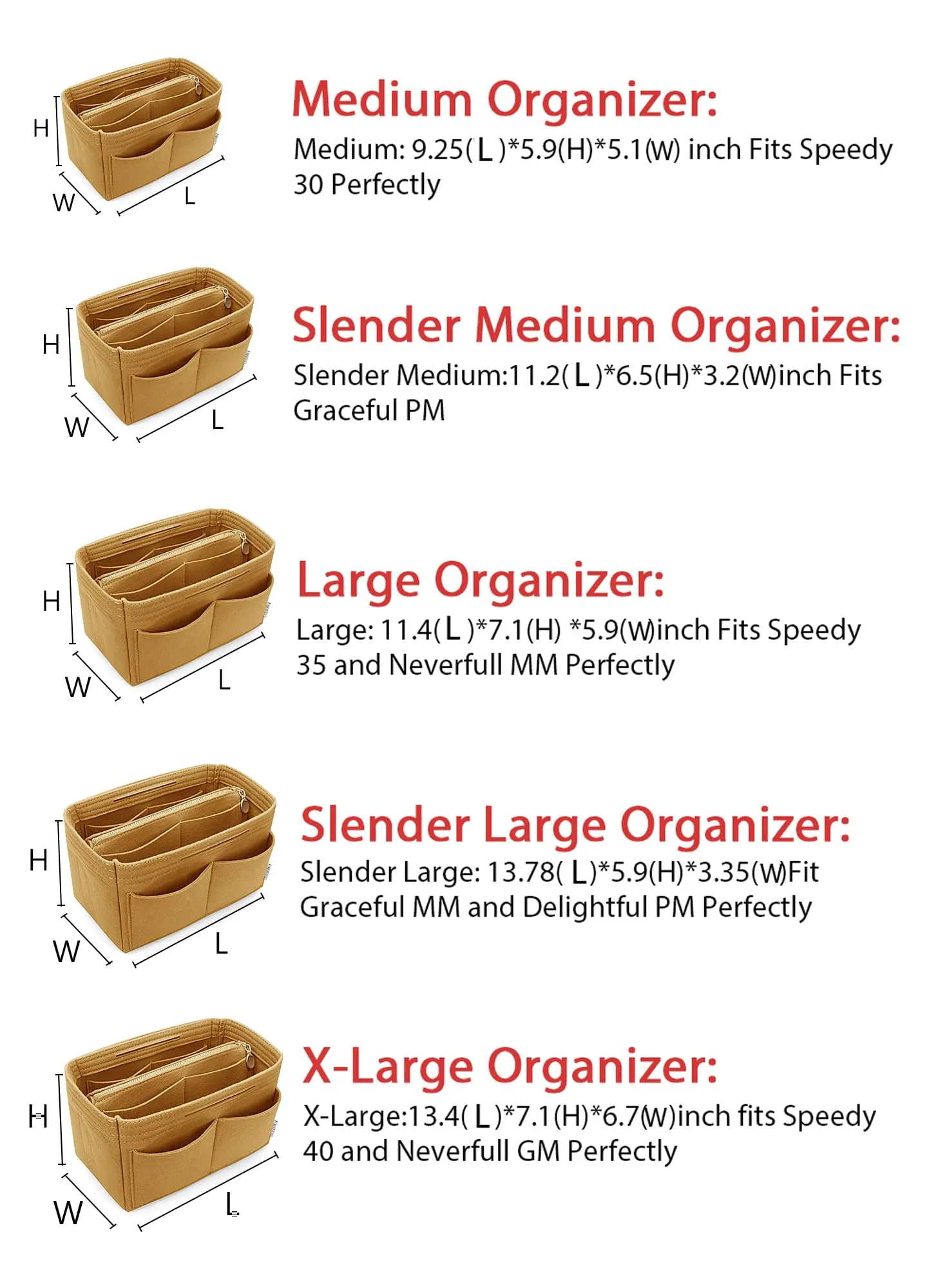LEXSION Inserto organizer per borsa in feltro con cerniera, borsa tote Shaper Fit Speedy Neverful PM MM, 1-Brown, L - immagine 6