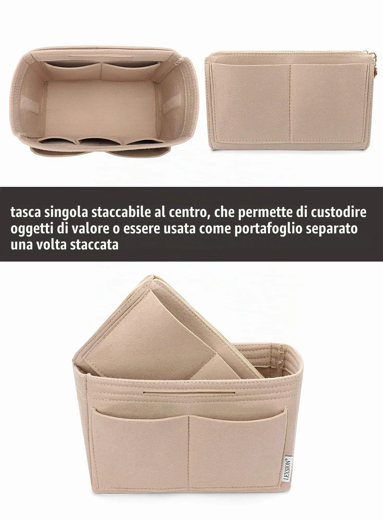 LEXSION Inserto organizer per borsa in feltro con cerniera, borsa tote Shaper Fit Speedy Neverful PM MM, 1-beige, M - immagine 2
