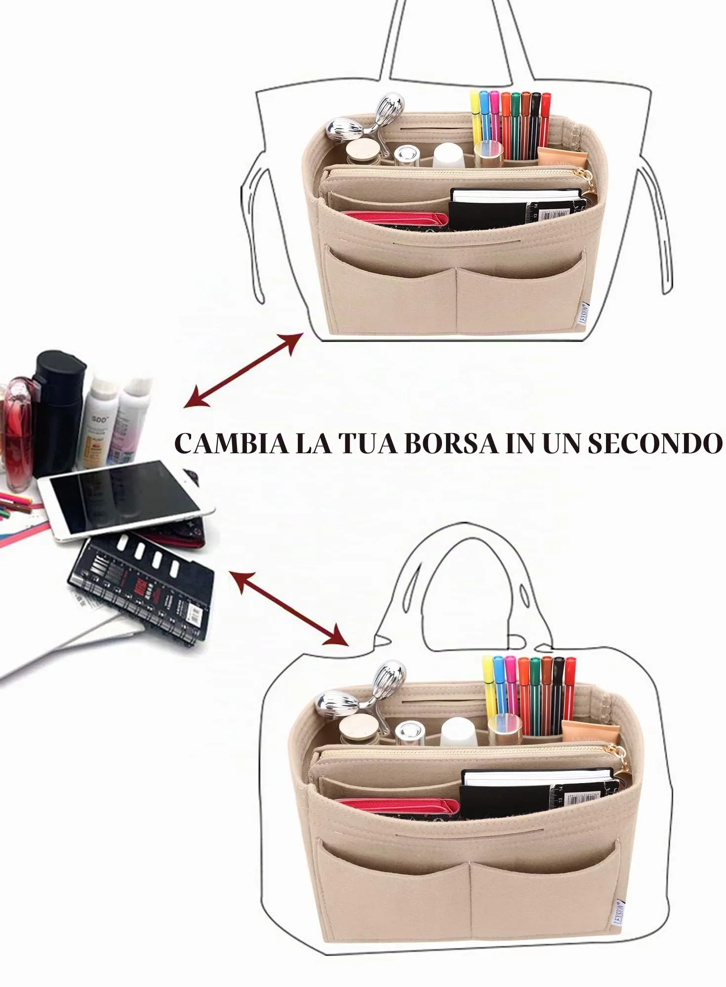 LEXSION Inserto organizer per borsa in feltro con cerniera, borsa tote Shaper Fit Speedy Neverful PM MM, 1-beige, M - immagine 5