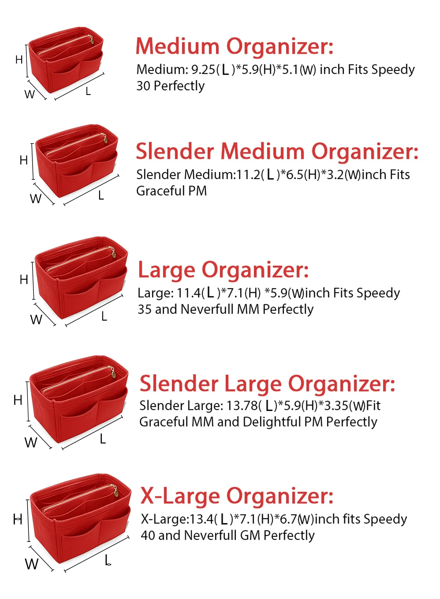 LEXSION Inserto organizer per borsa in feltro con cerniera, borsa tote Shaper Fit Speedy Neverful PM MM, 1-rosso, M - immagine 6