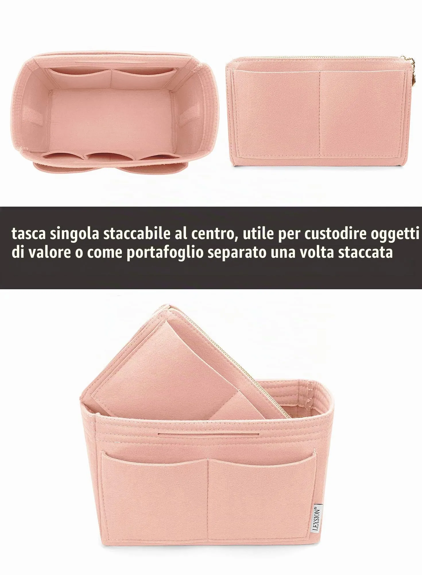 LEXSION Inserto portaoggetti in feltro con cerniera per Speedy Neverfull MM GM, rosa, XL - immagine 2