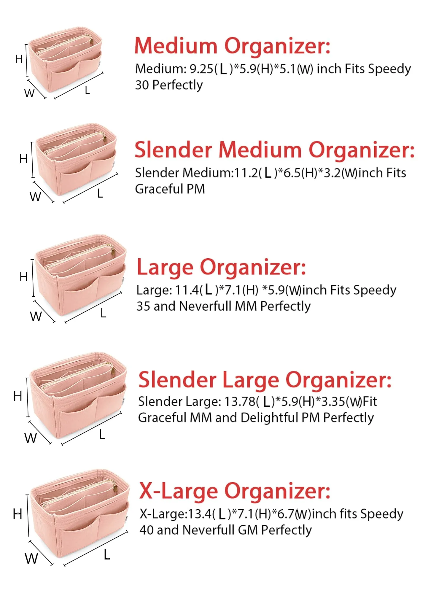 LEXSION Inserto portaoggetti in feltro con cerniera per Speedy Neverfull MM GM, rosa, XL - immagine 6