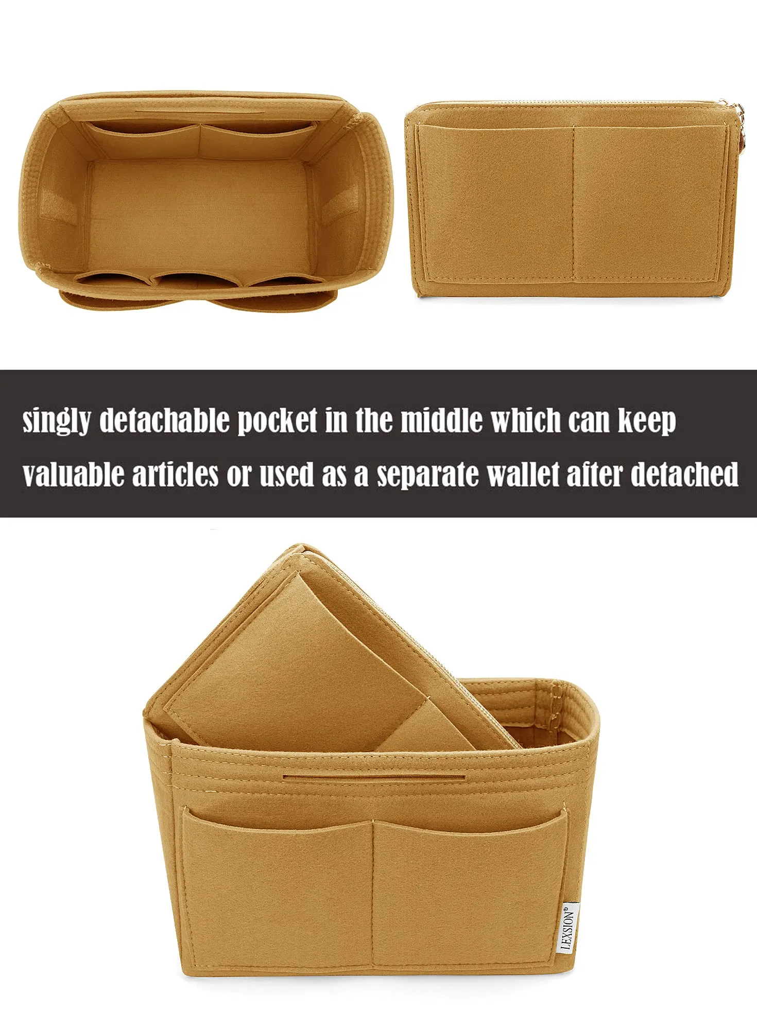 LEXSION Organizer per borse, inserto in feltro con cerniera per borsa da trasporto, per Speedy Neverfull PM MM, marrone, XL - immagine 2