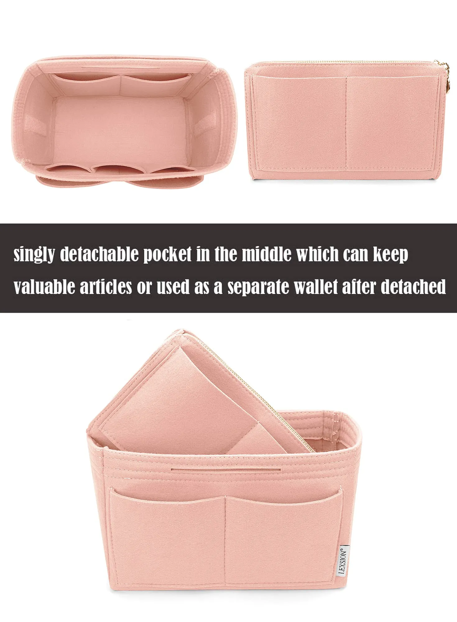 LEXSION Inserto organizer per borsa in feltro con cerniera, borsa tote Shaper Fit Speedy Neverful PM MM, 1-rosa, M - immagine 2