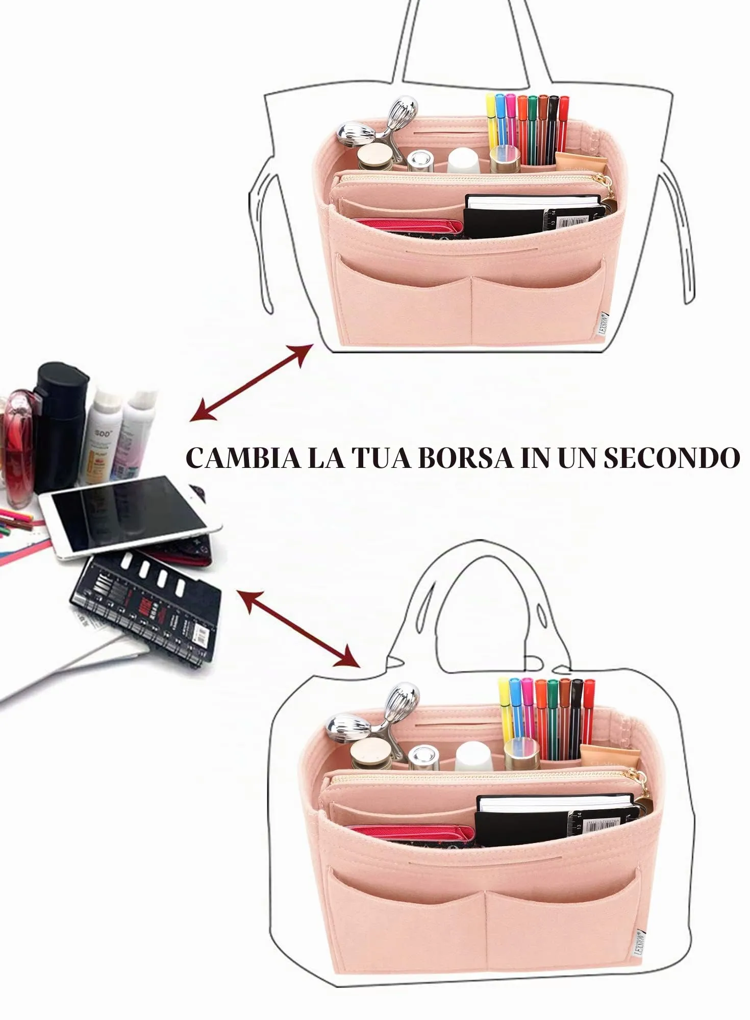 LEXSION Inserto organizer per borsa in feltro con cerniera, borsa tote Shaper Fit Speedy Neverful PM MM, 1-rosa, M - immagine 5