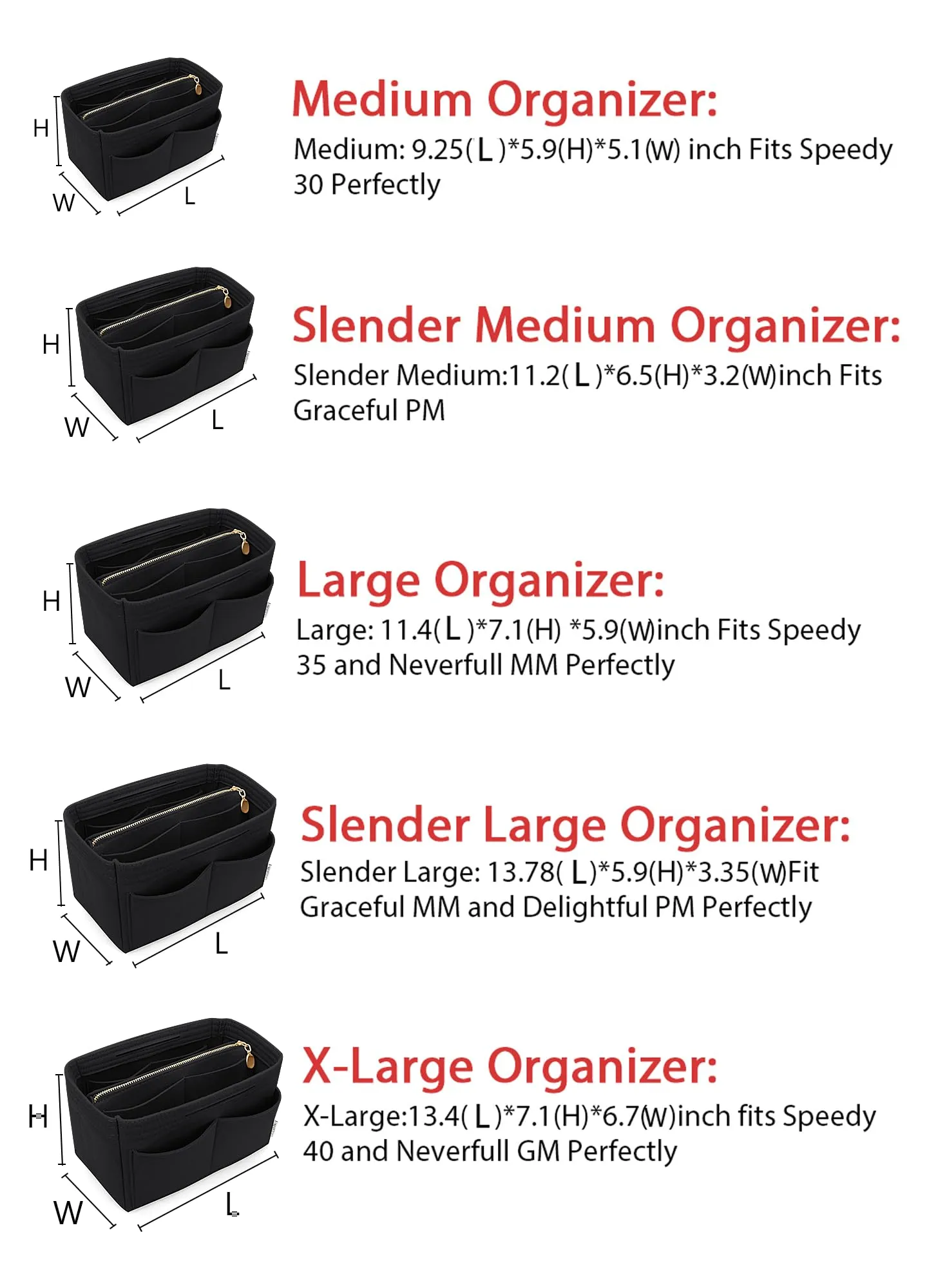 LEXSION Inserto organizer per borsa in feltro con cerniera, borsa tote Shaper Fit Speedy Neverful PM MM, 1-Nero, L - immagine 6