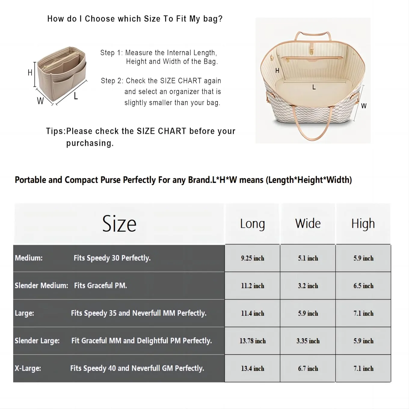 LEXSION Inserto organizer per borsa in feltro con cerniera, borsa tote Shaper Fit Speedy Neverful PM MM, 1-Beige, L - immagine 6